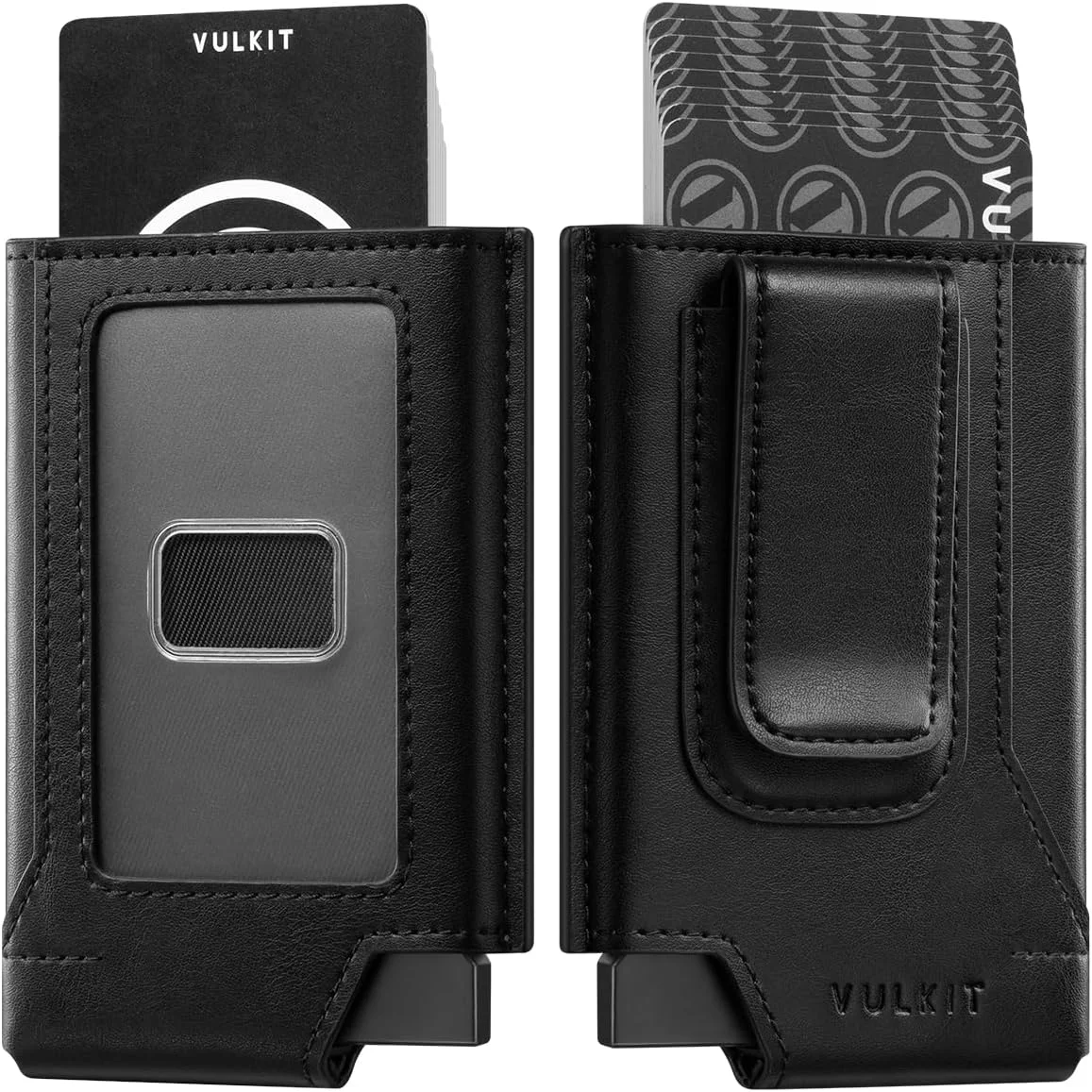 کیف پول مردانه VULKIT، جا کارتی پاپ آپ، کیف پول باریک چرمی، مسدود کننده RFID، کیف پول مینیمالیستی با گیره پول - مشکی