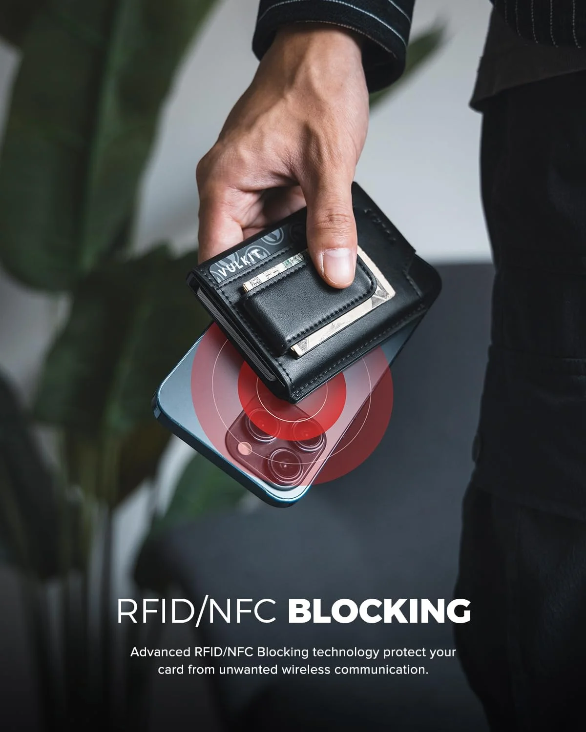کیف پول مردانه VULKIT، جا کارتی پاپ آپ، کیف پول باریک چرمی، مسدود کننده RFID، کیف پول مینیمالیستی با گیره پول - مشکی