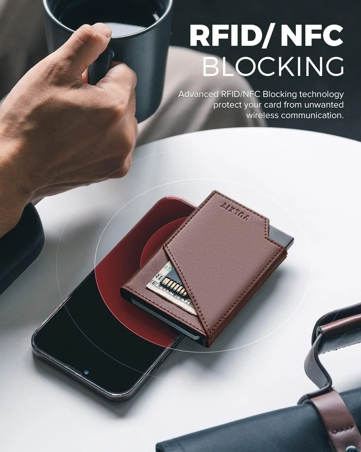 کیف پول باریک مینیمالیستی VULKIT مردانه، جا کارتی پاپ آپ با محافظ RFID و جیب پول نقد و کارت های اعتباری - قهوه ای اسپرسو