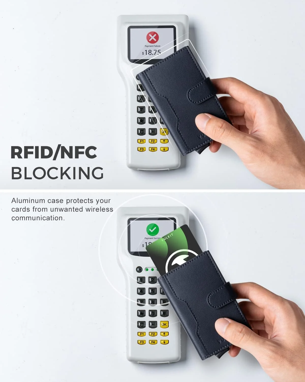 کیف پول پاپ آپ VULKIT، جا کارتی با محفظه های چرمی، محافظ RFID، کیف کارت فلزی باریک برای آقایان و بانوان (سرمه ای)