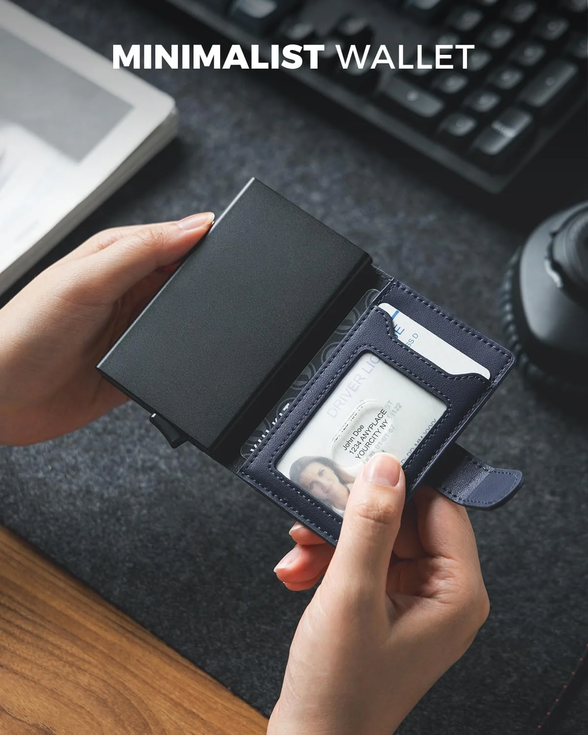 کیف پول پاپ آپ VULKIT، جا کارتی با محفظه های چرمی، محافظ RFID، کیف کارت فلزی باریک برای آقایان و بانوان (سرمه ای)