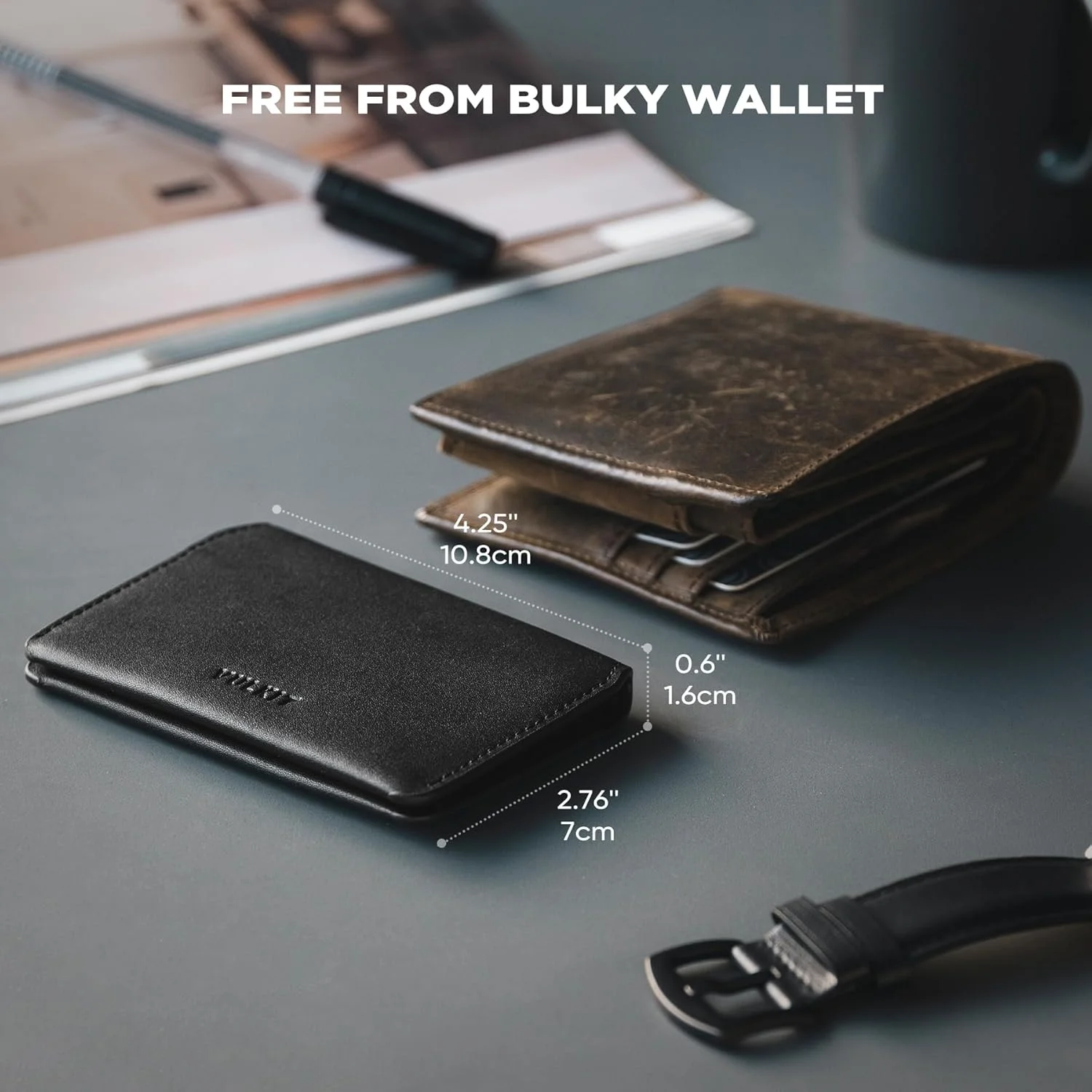 جاکارتی باریک و مینیمالیستی VULKIT، محافظ RFID، جاکارتی چرمی، کیف پول جیبی جلویی با بست مغناطیسی