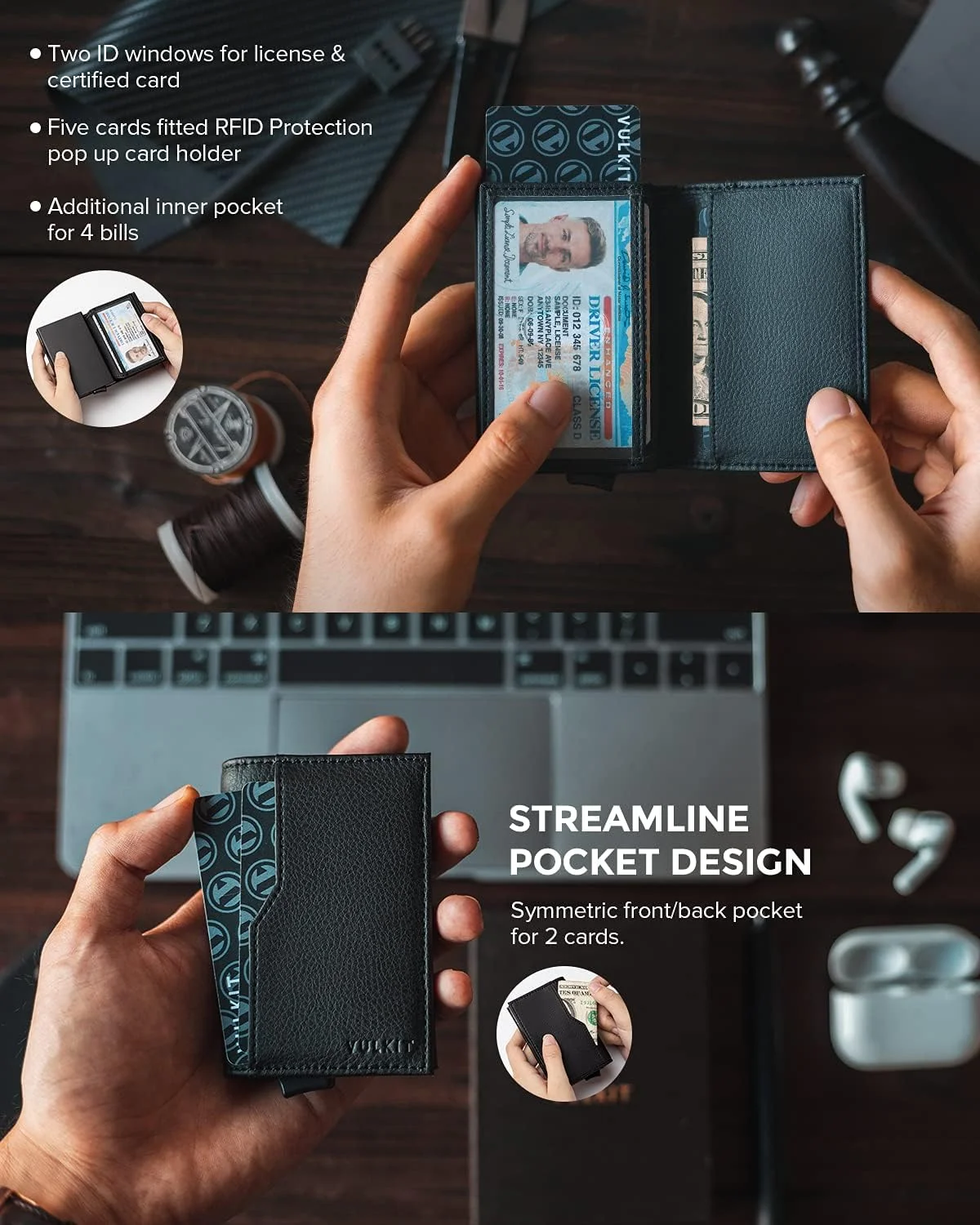 کیف کارت اعتباری VULKIT با دو پنجره شناسایی، کیف پول چرمی Passcase با قابلیت مسدودسازی RFID و بازشو خودکار برای کارت و اسکناس کیف کارت اعتباری VULKIT با دو پنجره شناسایی، کیف پول چرمی Passcase با قابلیت مسدودسازی RFID و بازشو خودکار برای کارت و اسکناس