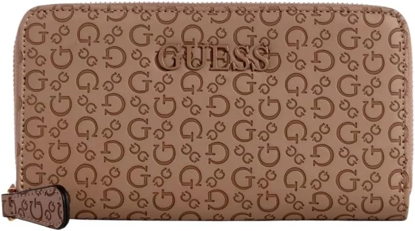 کیف پول زیپ دار زنانه GUESS Factory Bowie با طرح لوگوی برجسته، قهوه ای، جمع و جور