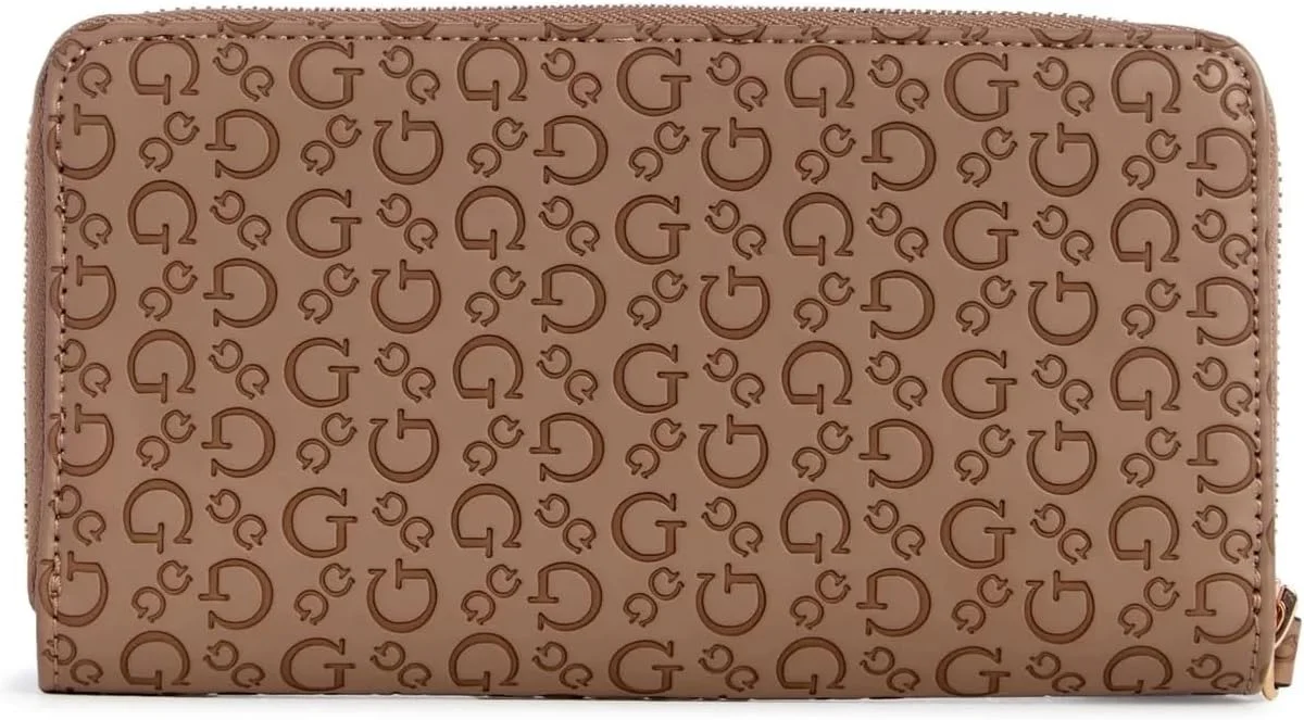 کیف پول زیپ دار زنانه GUESS Factory Bowie با طرح لوگوی برجسته، قهوه ای، جمع و جور