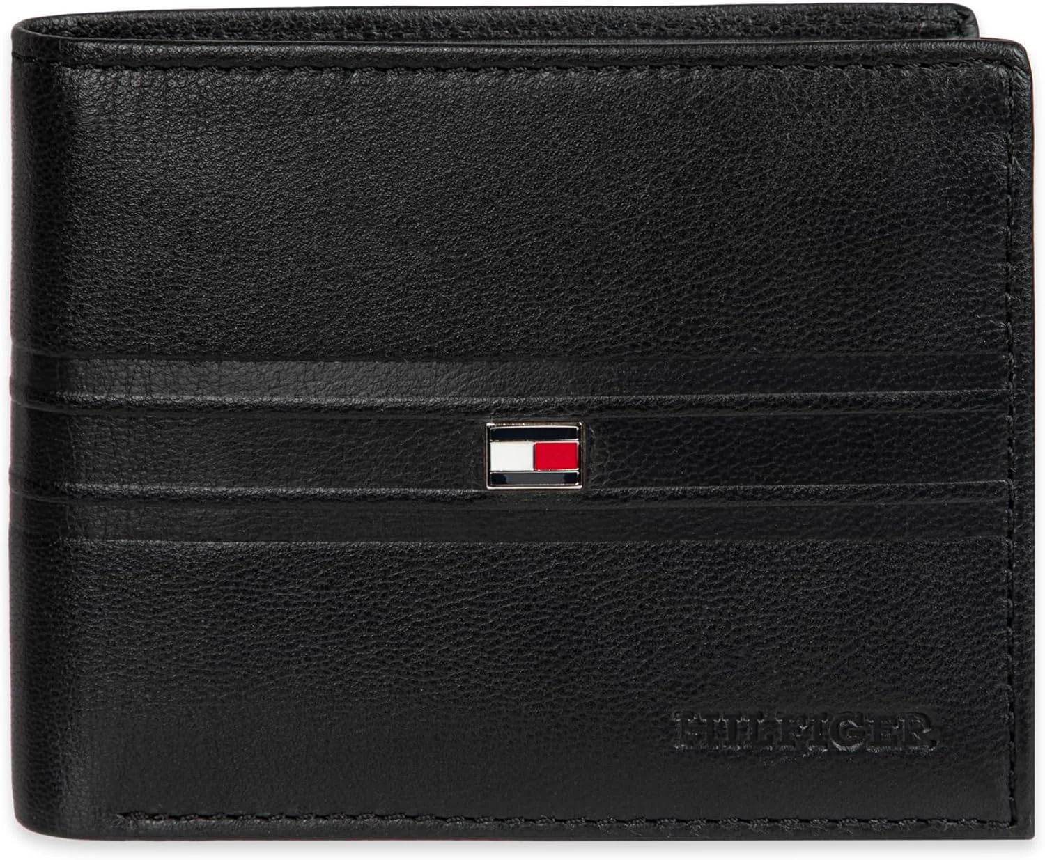 کیف پول مردانه تامی هیلفیگر مدل Stripe Emboss Traveler، مشکی، سایز One Size، راه راه برجسته مشکی، سایز One Size، کیف پول دو لت کلاسیک دو رنگ - دارای چندین جای کارت، جای شناسایی، جمع و جور