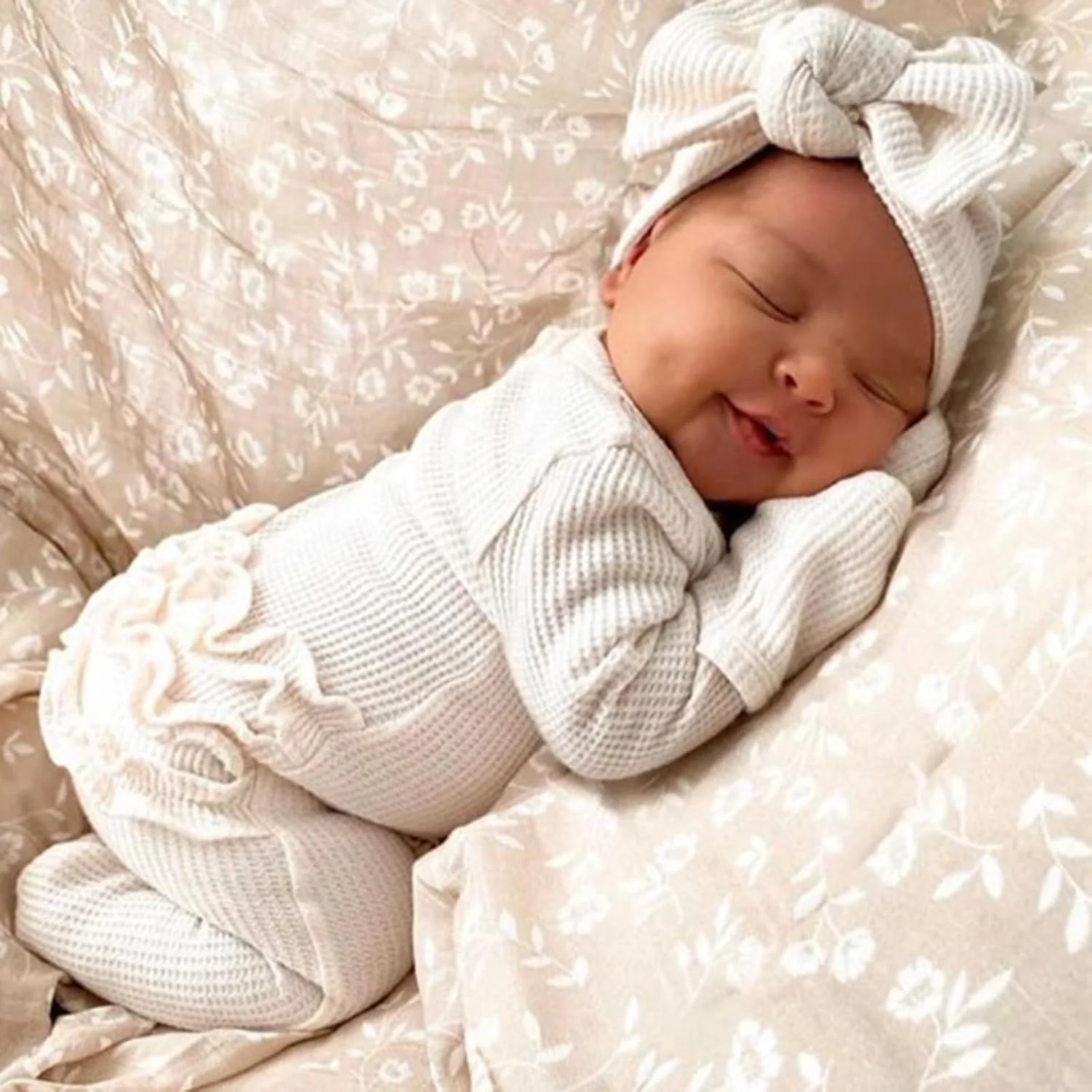 رامپر نوزادی دخترانه KASTWAVE، جامپسوت آستین بلند پنبه ای با هدبند پاپیونی، لباس بدو تولد برای نوزاد 3-6 ماهه (70 سانتی متر)