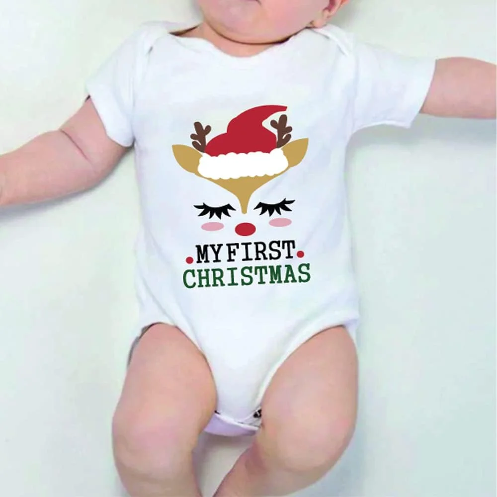 Giftmate رامپر نخی آستین کوتاه یقه گرد طرح گوزن اولین کریسمس من برای نوزادان یونیسکس | رامپر نوزادی | سرهمی نوزادی | رامپر یونیسکس | لباس نوزادی