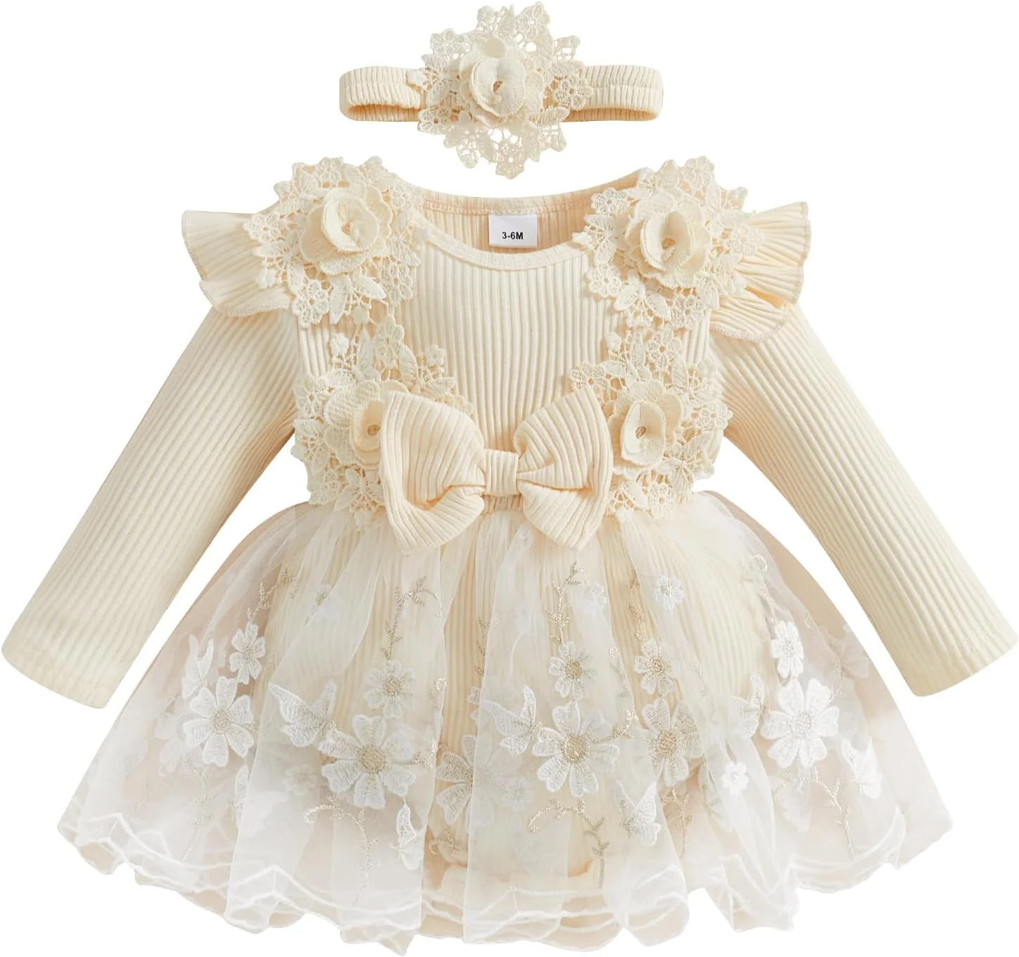 لباس سرهمی نوزاد دخترانه، لباس سرهمی توری گلدار، لباس جشنواره پاییز و زمستان نوزاد به همراه هدبند