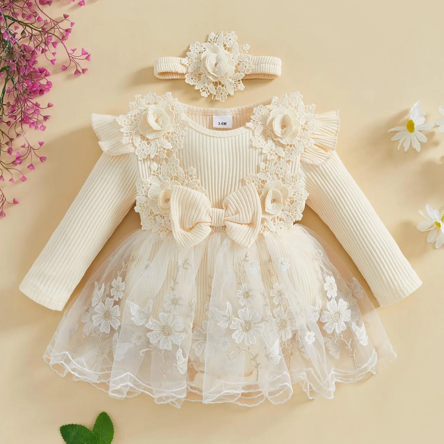 لباس سرهمی نوزاد دخترانه، لباس سرهمی توری گلدار، لباس جشنواره پاییز و زمستان نوزاد به همراه هدبند لباس سرهمی نوزاد دخترانه، لباس سرهمی توری گلدار، لباس جشنواره پاییز و زمستان نوزاد به همراه هدبند