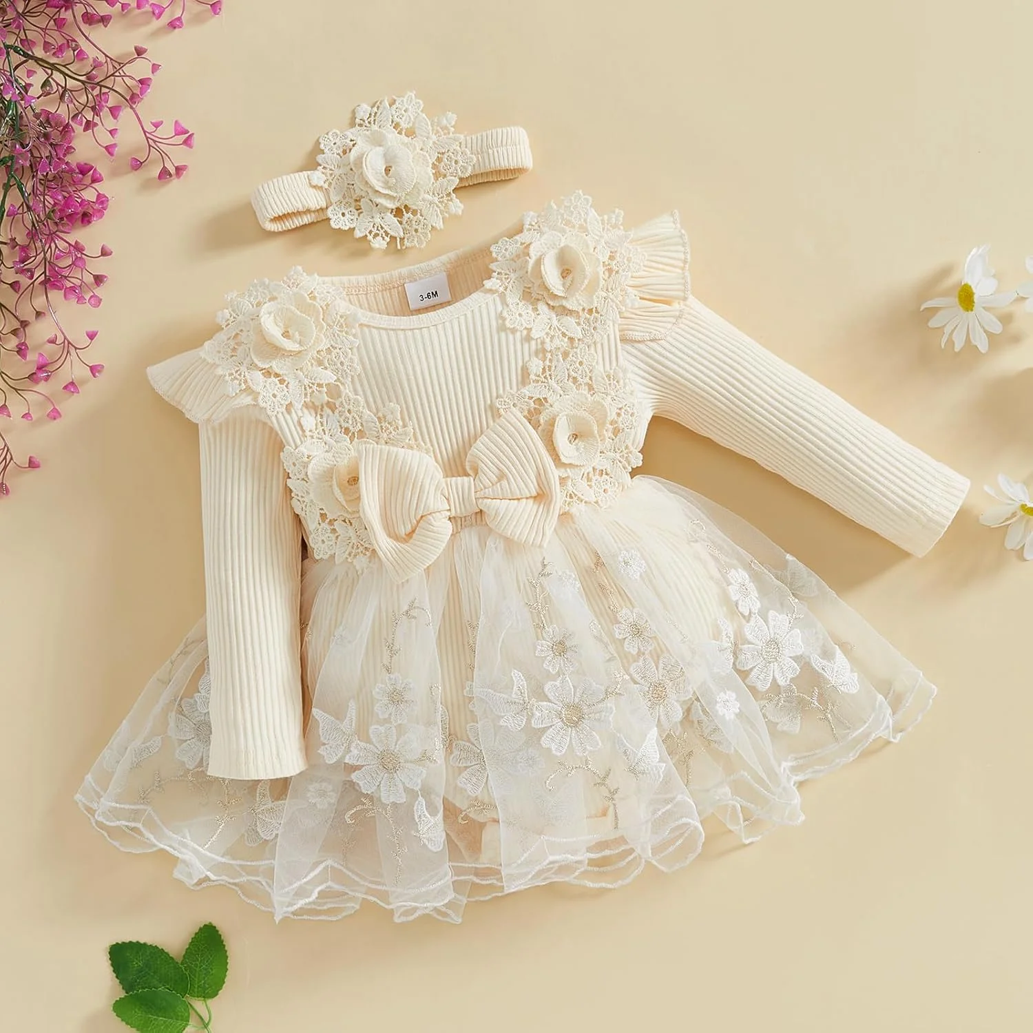 لباس سرهمی نوزاد دخترانه، لباس سرهمی توری گلدار، لباس جشنواره پاییز و زمستان نوزاد به همراه هدبند لباس سرهمی نوزاد دخترانه، لباس سرهمی توری گلدار، لباس جشنواره پاییز و زمستان نوزاد به همراه هدبند