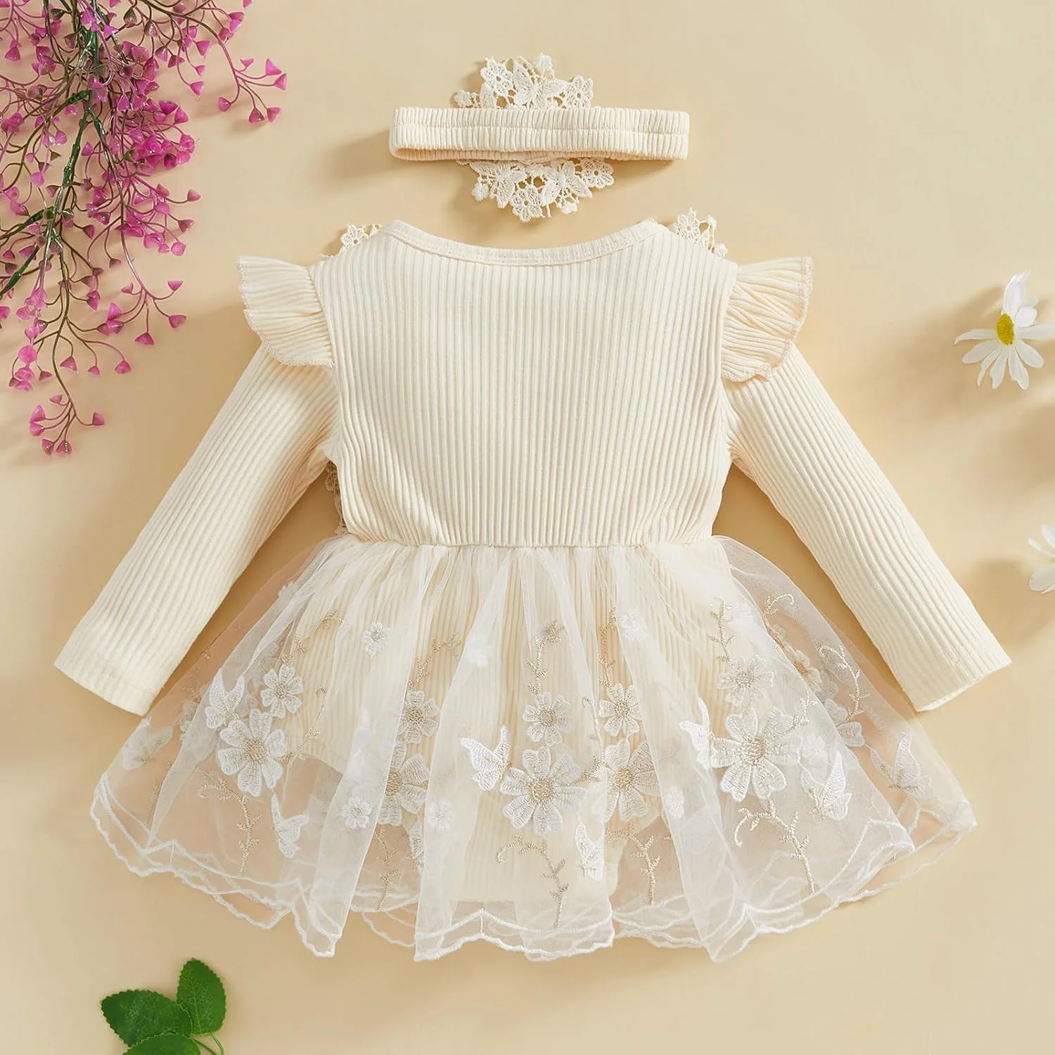 لباس سرهمی نوزاد دخترانه، لباس سرهمی توری گلدار، لباس جشنواره پاییز و زمستان نوزاد به همراه هدبند لباس سرهمی نوزاد دخترانه، لباس سرهمی توری گلدار، لباس جشنواره پاییز و زمستان نوزاد به همراه هدبند