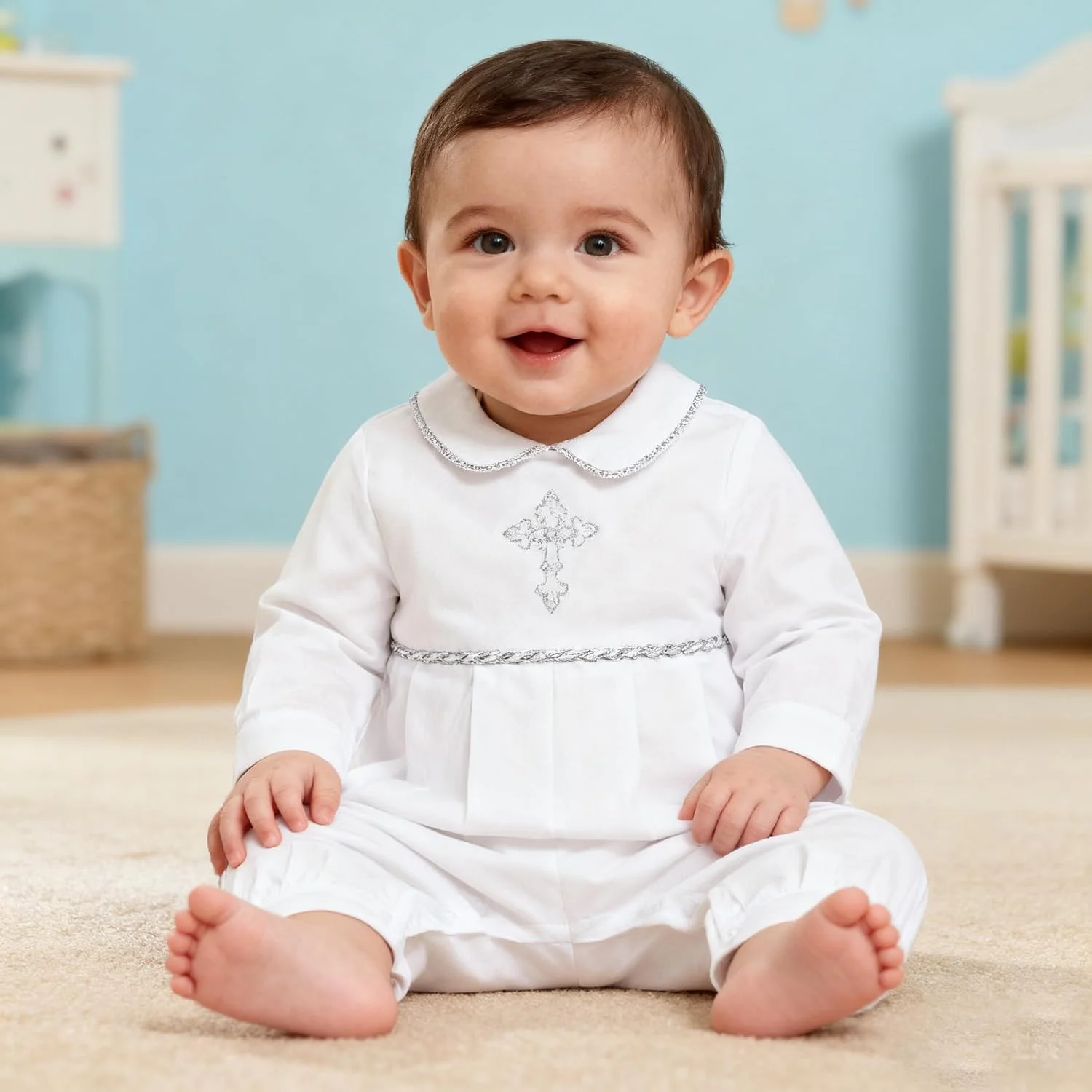 لباس غسل تعمید پسرانه Booulfi، مناسب نوزادان پسر 3 تا 6 ماهه، رامپر سفید (بسته 1 عددی)