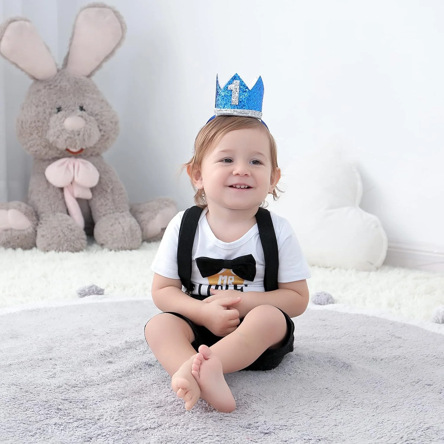 ست لباس تولد یک سالگی پسرانه، لباس اسمش کیک پسرانه، لباس رسمی جنتلمن رامپر پاپیون شلوار، ست لباس ساسبند و شورت برای تولد 1 سالگی پسرانه - سایز 80