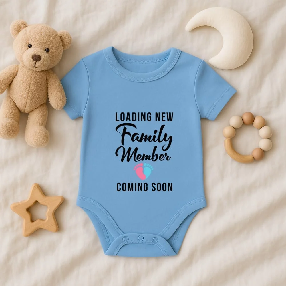 رامپر نوزادی با طرح بارگذاری "به زودی" – بادی آستین کوتاه پنبه ای – مناسب و راحت برای نوزادان دختر و پسر