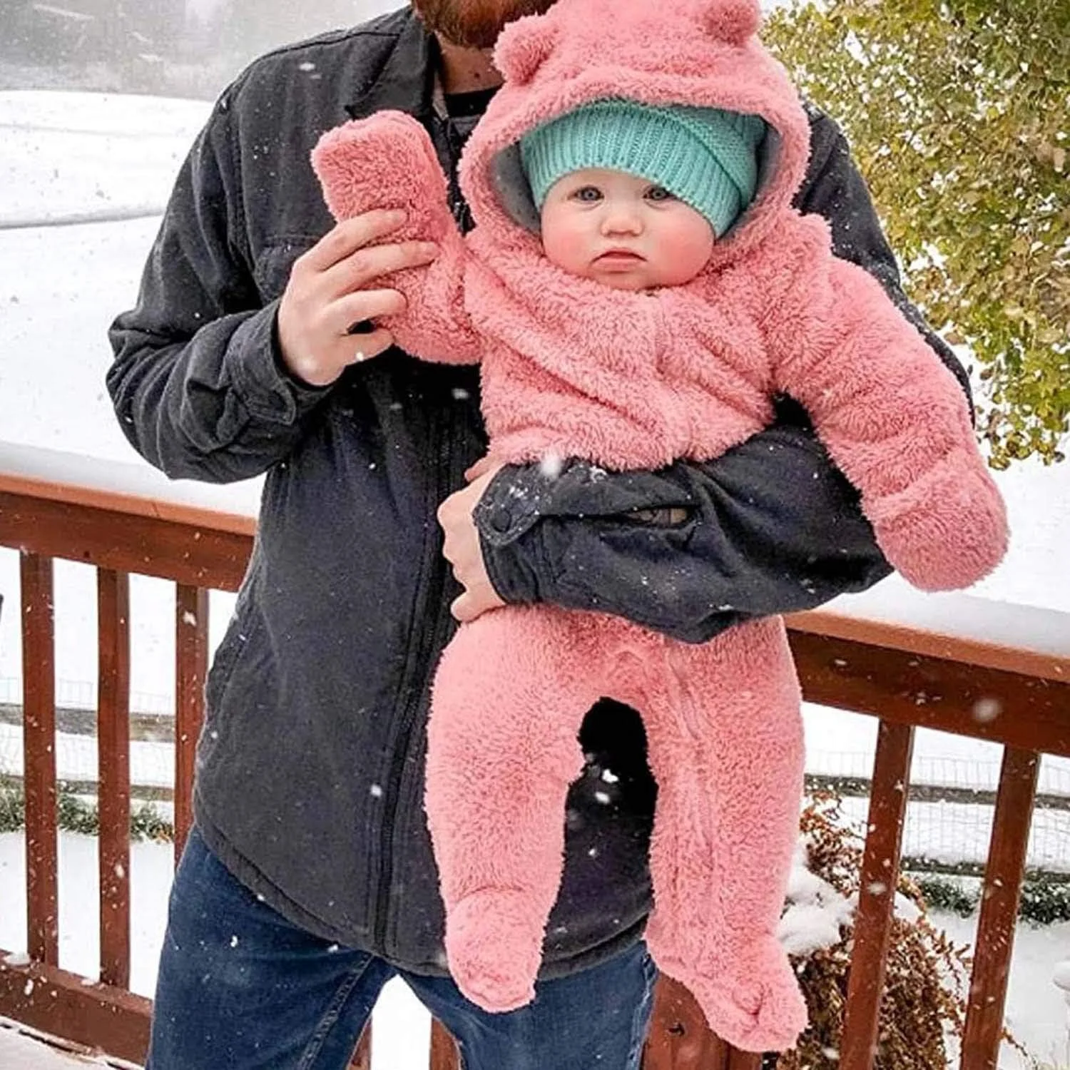 Babymine لباس گرم نوزادی، سرهمی کلاه دار پشمی پنبه ای با طرح خرس، مناسب نوزاد دختر و پسر، صورتی 0-3 ماه