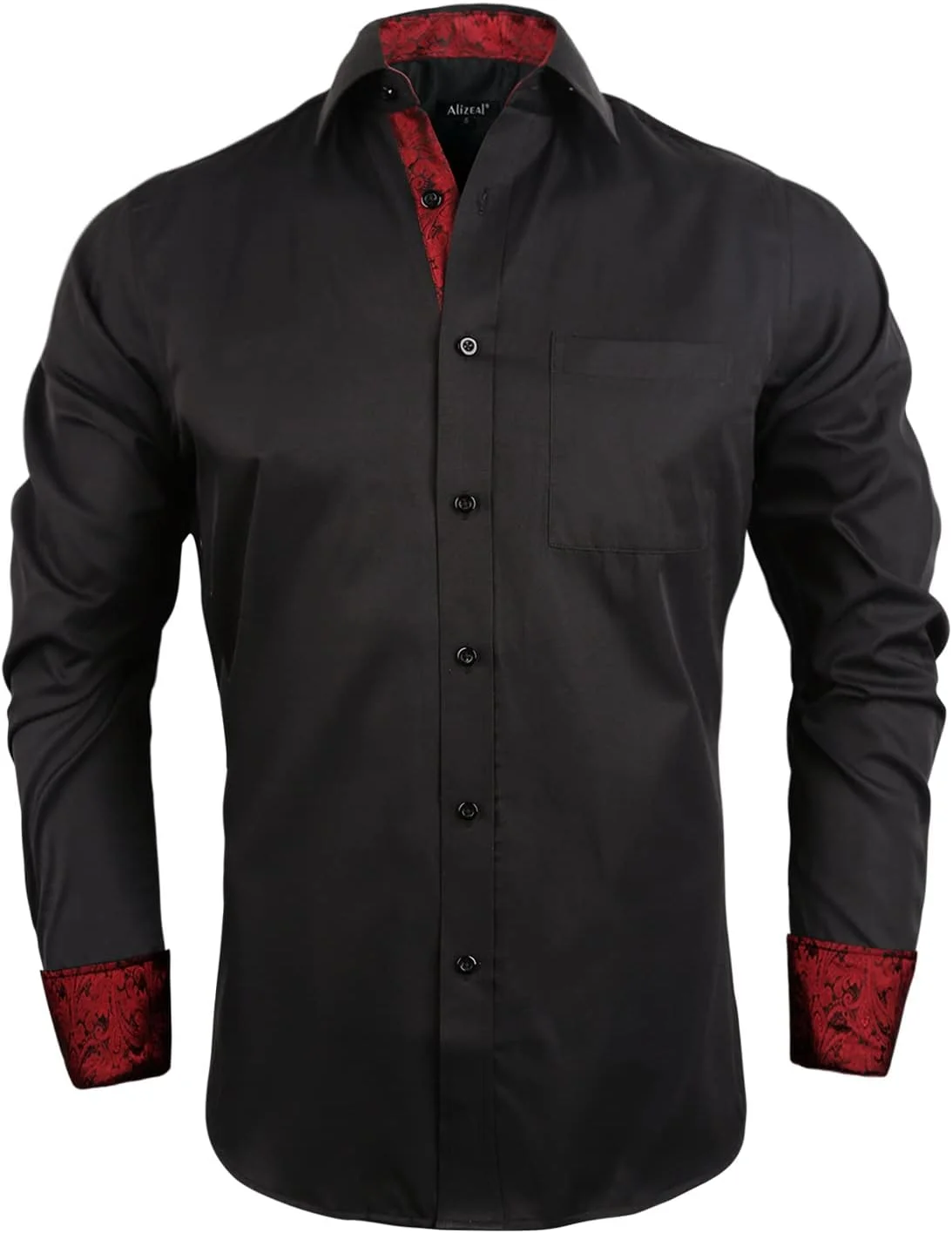 پیراهن مردانه آلیزئال، مناسب برای تجارت، مدل Slim Fit، آستین بلند، طرح تکه دوزی شده، دکمه دار، مشکی + قرمز شرابی، L