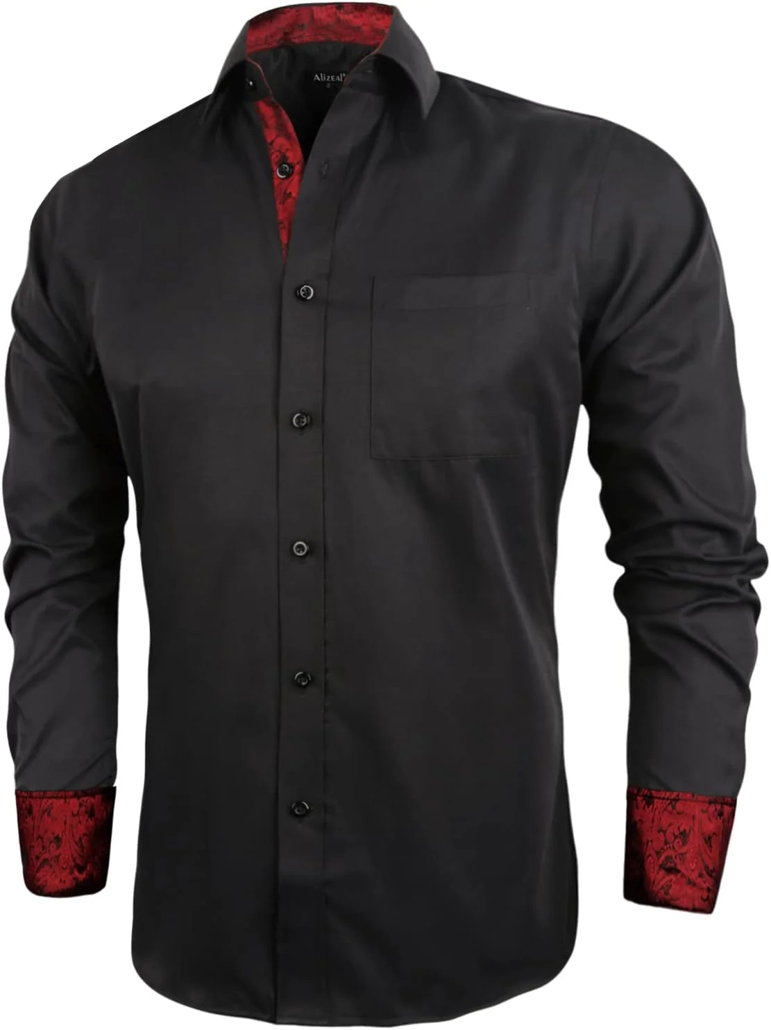 پیراهن مردانه آلیزئال، مناسب برای تجارت، مدل Slim Fit، آستین بلند، طرح تکه دوزی شده، دکمه دار، مشکی + قرمز شرابی، L