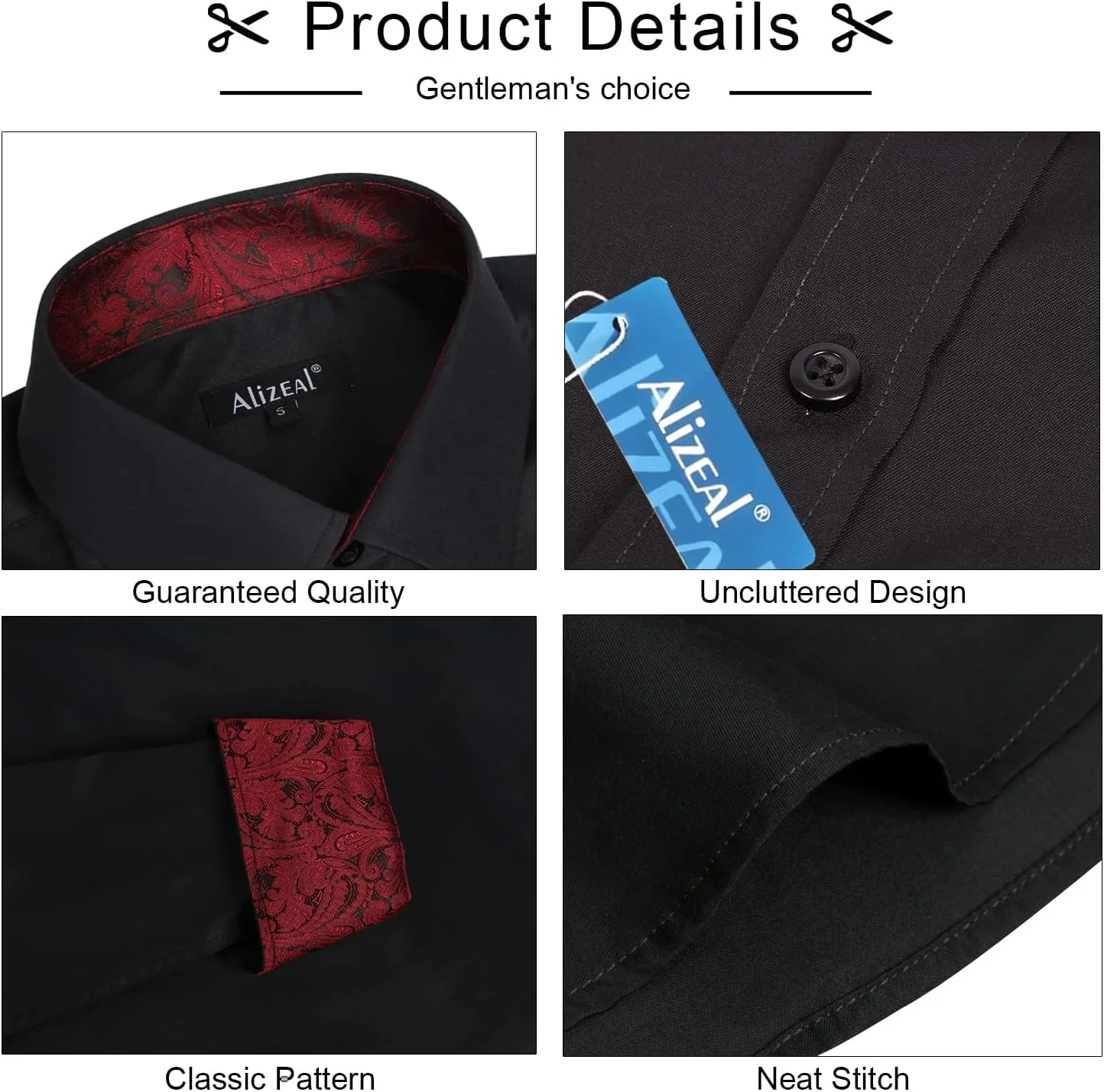 پیراهن مردانه آلیزئال، مناسب برای تجارت، مدل Slim Fit، آستین بلند، طرح تکه دوزی شده، دکمه دار، مشکی + قرمز شرابی، L