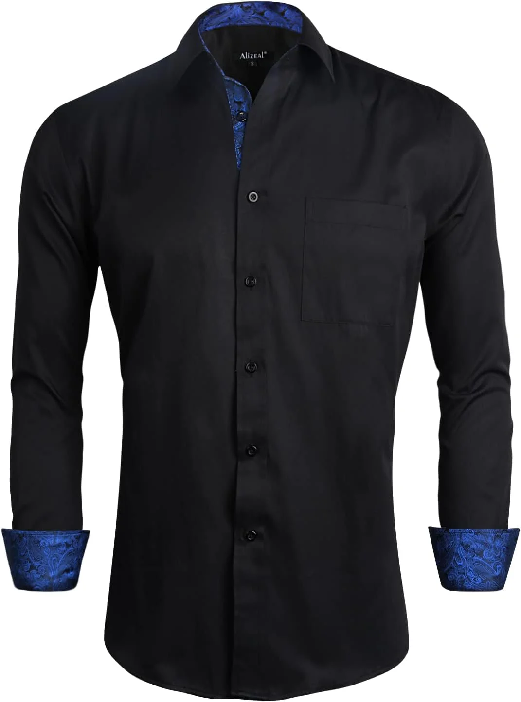 پیراهن مردانه Alizeal مناسب برای کار، مدل Slim Fit، آستین بلند، طرح تکه دوزی، دکمه دار، مشکی + آبی سلطنتی، سایز S