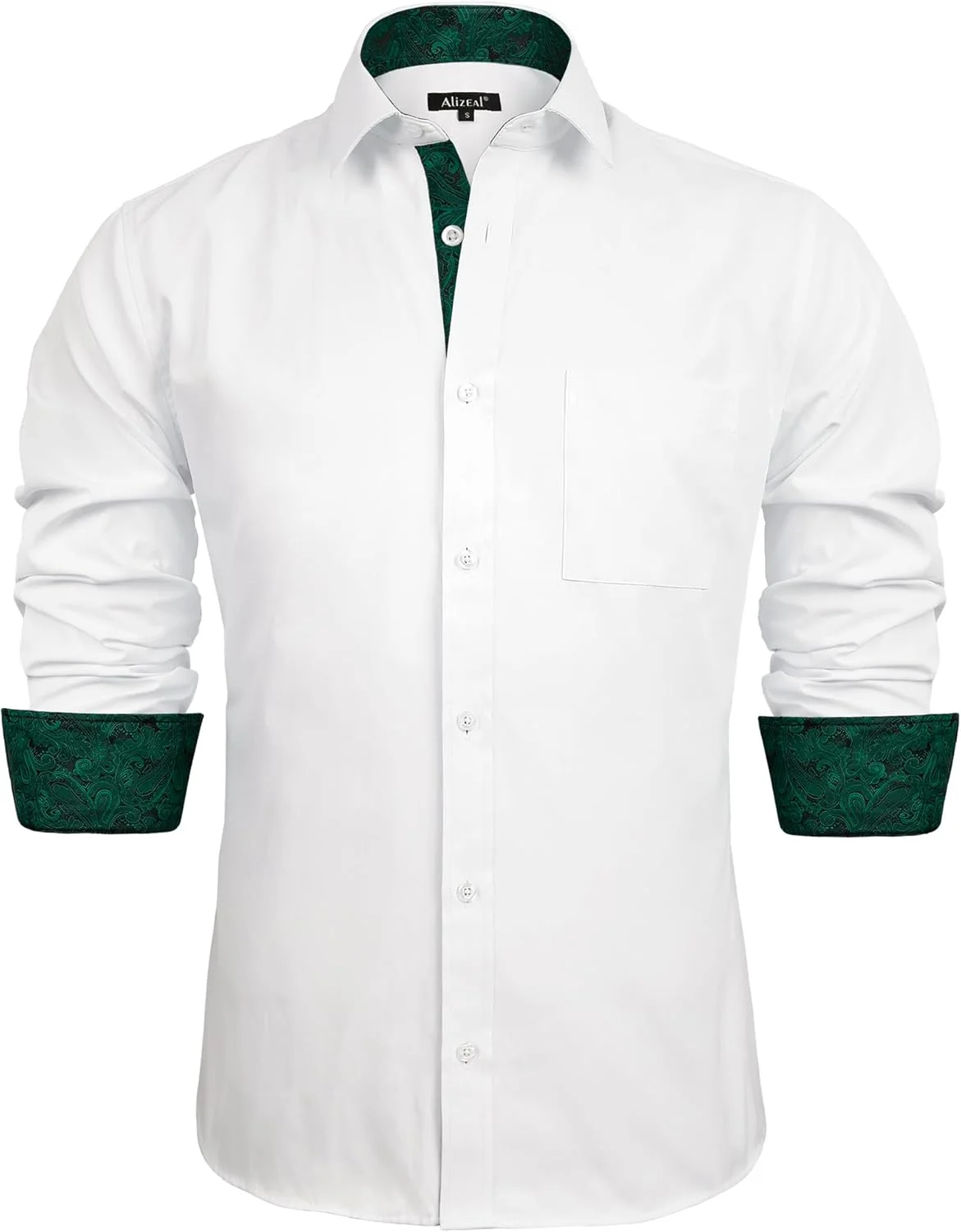 پیراهن مردانه آلیزآل، مناسب برای تجارت، مدل Slim Fit، آستین بلند، طرح تکه دوزی، دکمه دار، سفید + سبز تیره، XL