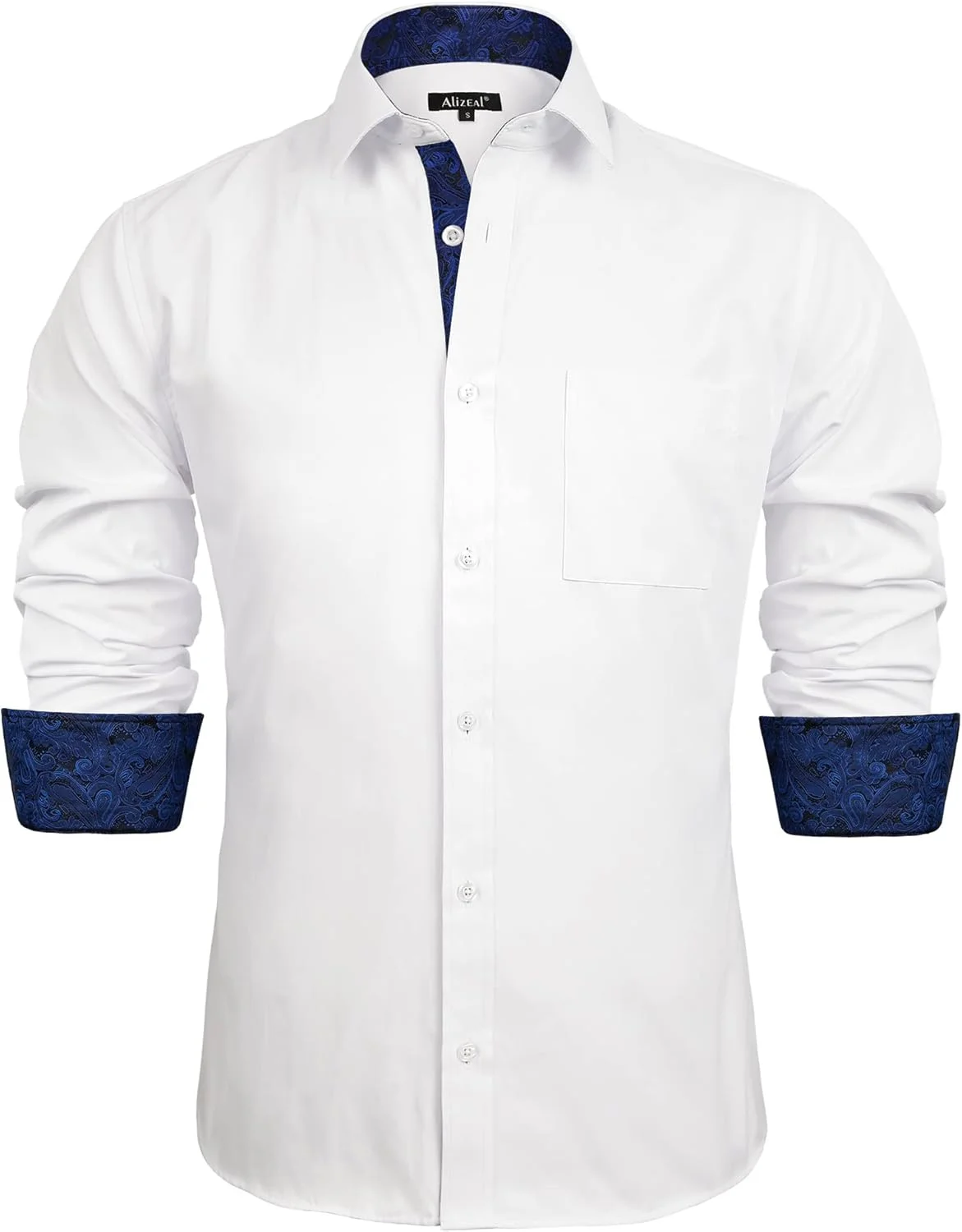 پیراهن مردانه آلیزئال، مناسب برای تجارت، مدل Slim Fit، آستین بلند، طرح تکه دوزی، دکمه دار، سفید + آبی رویال، L