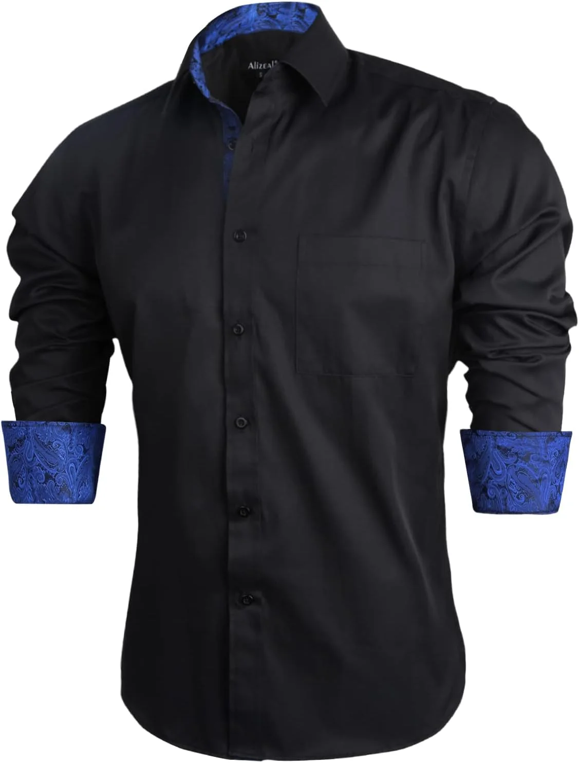 پیراهن مردانه آلیزآل، مناسب برای تجارت، مدل Slim Fit، آستین بلند، طرح تکه دوزی شده، دکمه دار، مشکی + آبی رویال، L