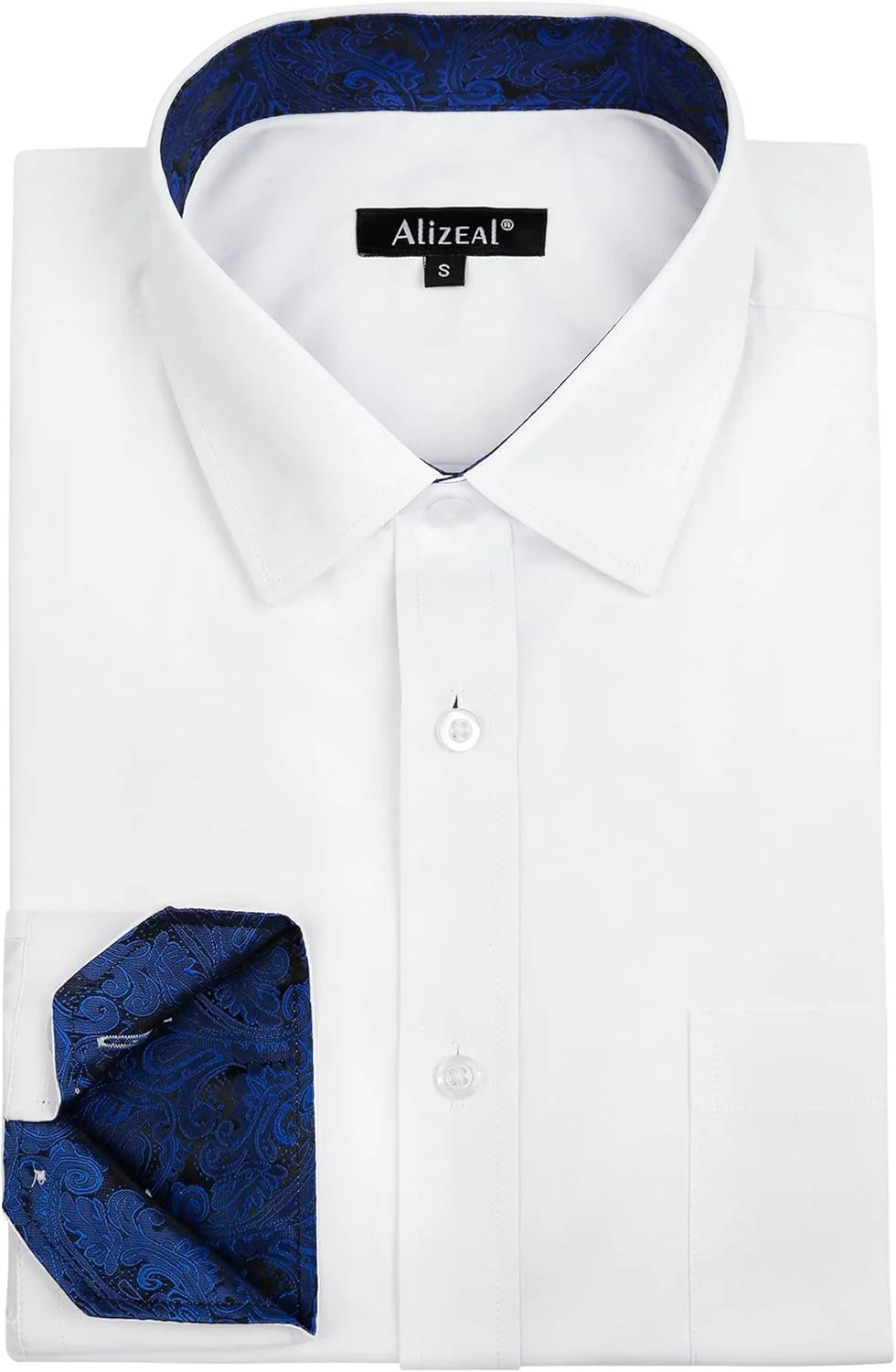 پیراهن مردانه آلیزئال، مناسب برای تجارت، مدل Slim Fit، آستین بلند، طرح تکه دوزی، دکمه دار، سفید + آبی رویال، L