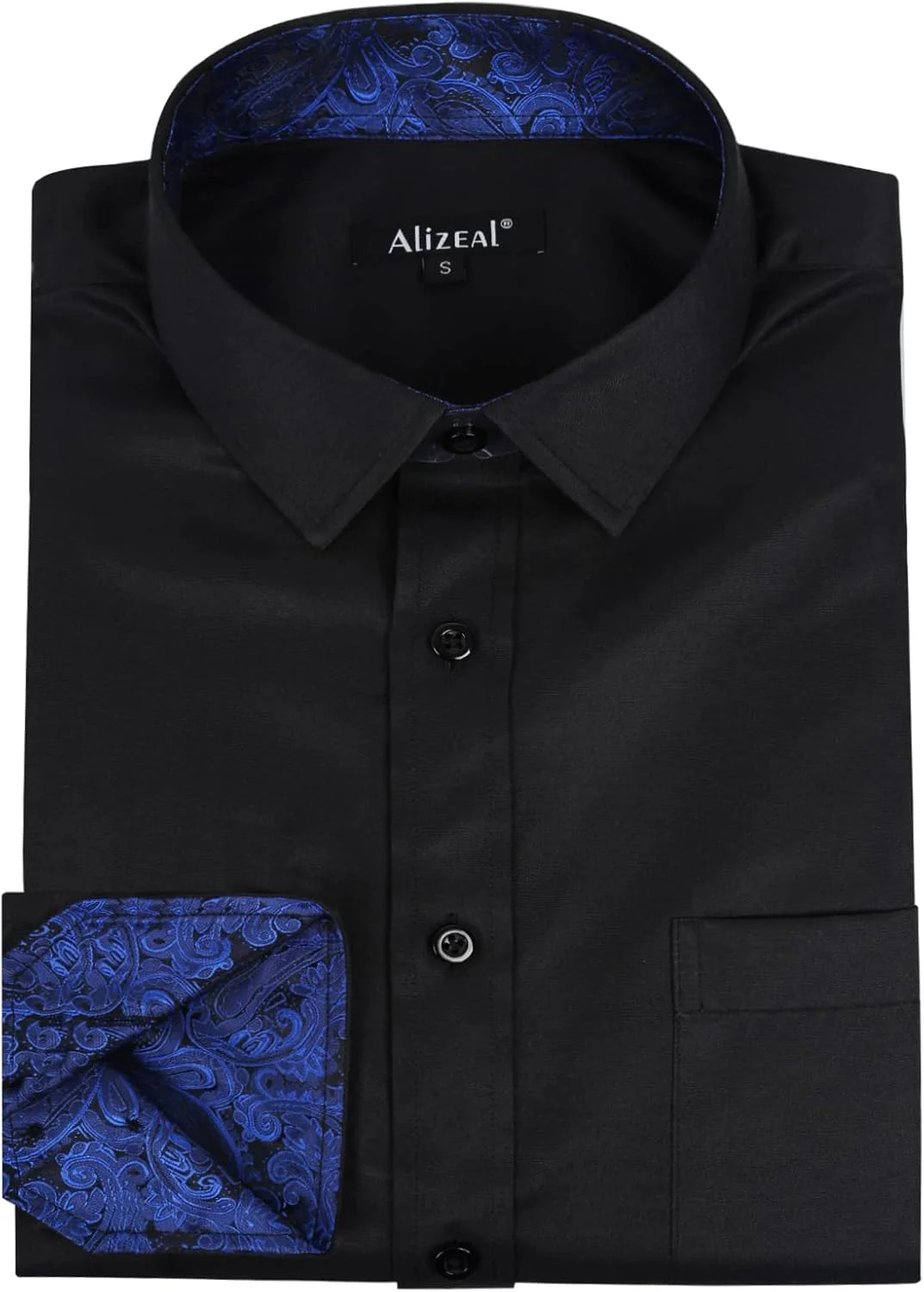 پیراهن مردانه آلیزآل، مناسب برای تجارت، مدل Slim Fit، آستین بلند، طرح تکه دوزی شده، دکمه دار، مشکی + آبی رویال، L