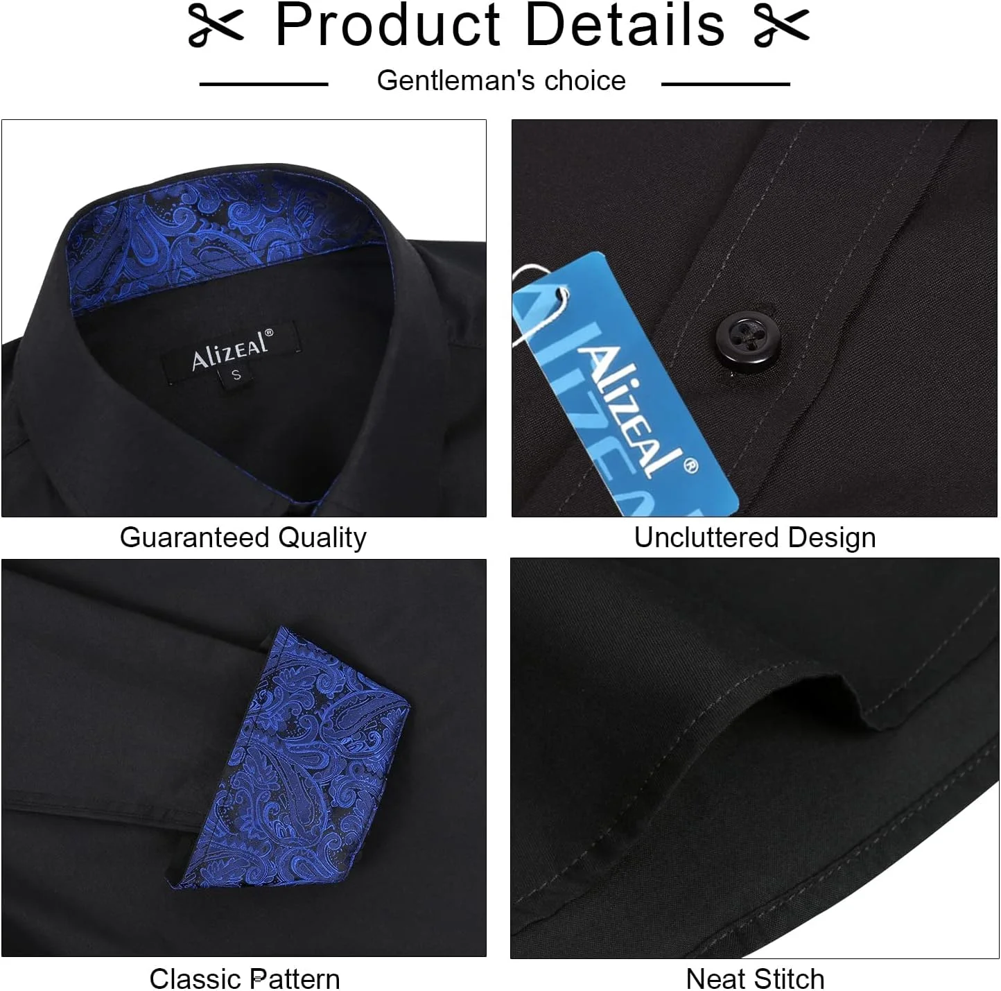 پیراهن مردانه آلیزآل، مناسب برای تجارت، مدل Slim Fit، آستین بلند، طرح تکه دوزی شده، دکمه دار، مشکی + آبی رویال، L