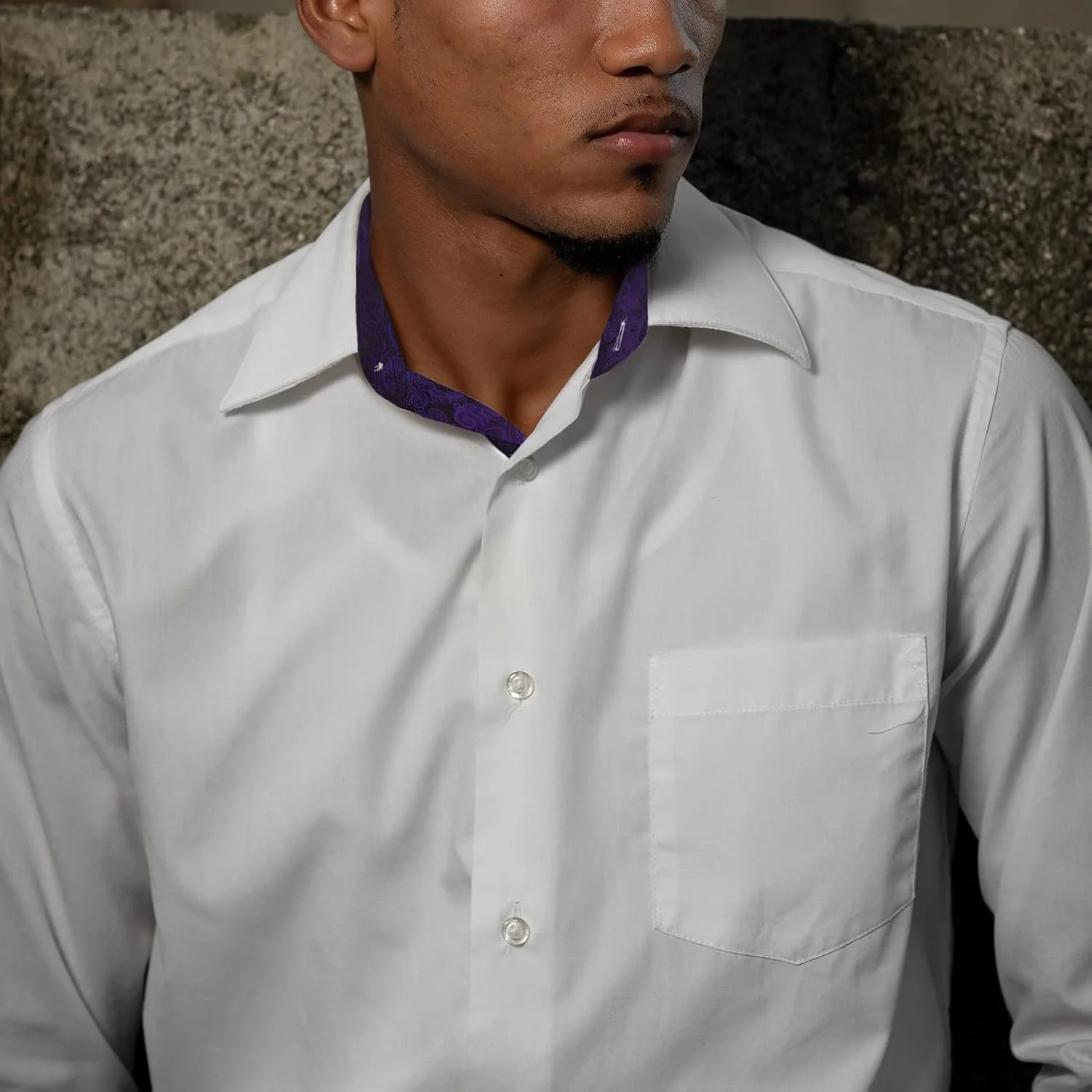 پیراهن مردانه آلیزآل، مناسب برای تجارت، مدل Slim Fit، آستین بلند، طرح تکه دوزی، دکمه دار، سفید + بنفش تیره، XL