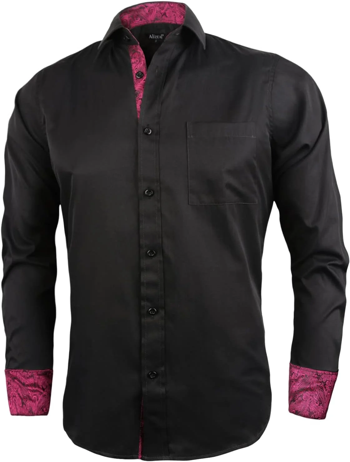 پیراهن مردانه Alizeal، مناسب برای کار، مدل Slim Fit، آستین بلند، طرح تکه دوزی، دکمه دار، مشکی + صورتی سرخابی، XXL