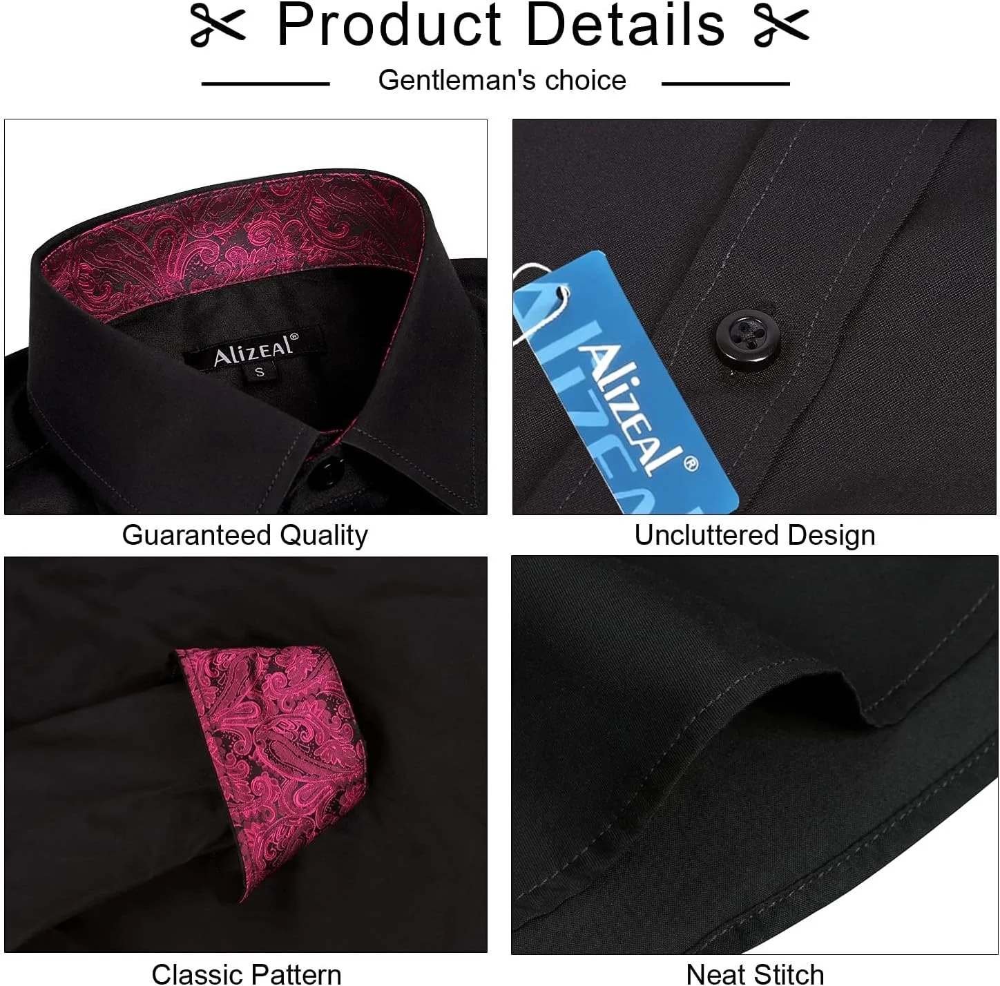 پیراهن مردانه Alizeal، مناسب برای کار، مدل Slim Fit، آستین بلند، طرح تکه دوزی، دکمه دار، مشکی + صورتی سرخابی، XXL