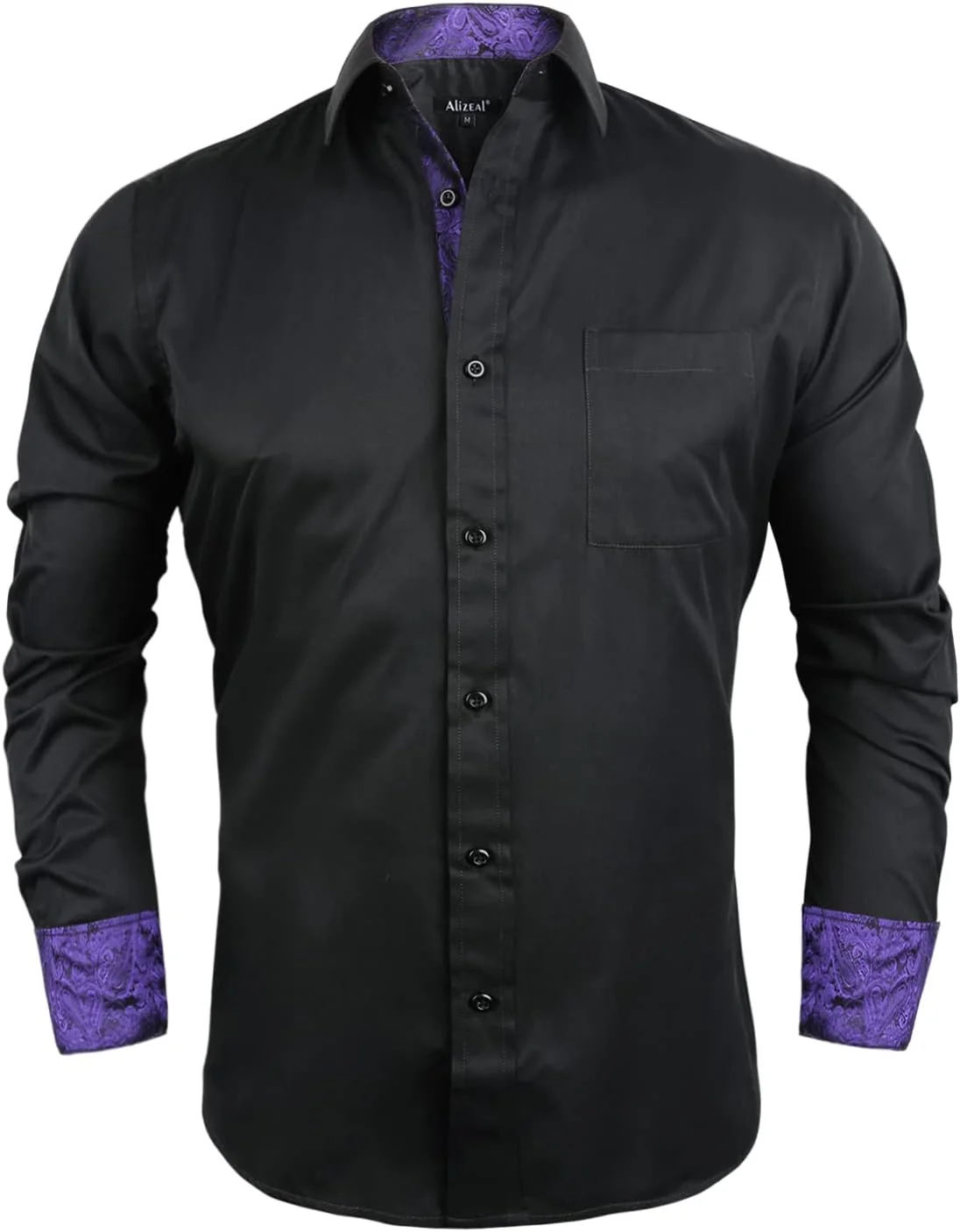 پیراهن مردانه Alizeal، مناسب برای کار، مدل Slim Fit، آستین بلند، طرح تکه دوزی، دکمه دار، مشکی + بنفش تیره، M