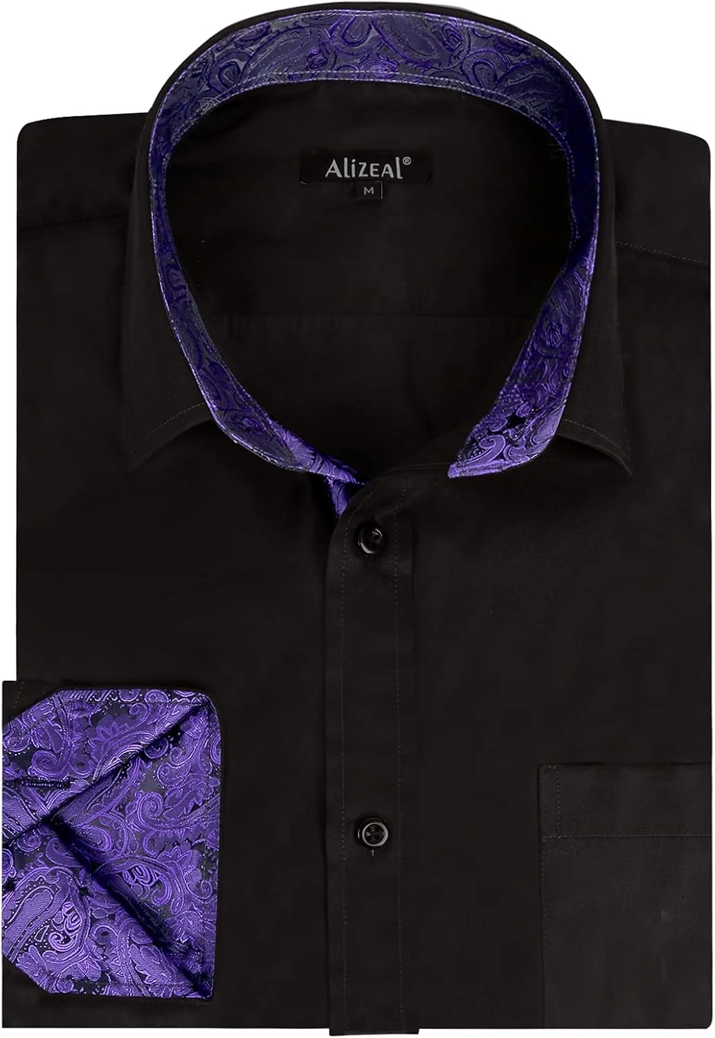 پیراهن مردانه Alizeal، مناسب برای کار، مدل Slim Fit، آستین بلند، طرح تکه دوزی، دکمه دار، مشکی + بنفش تیره، سایز S