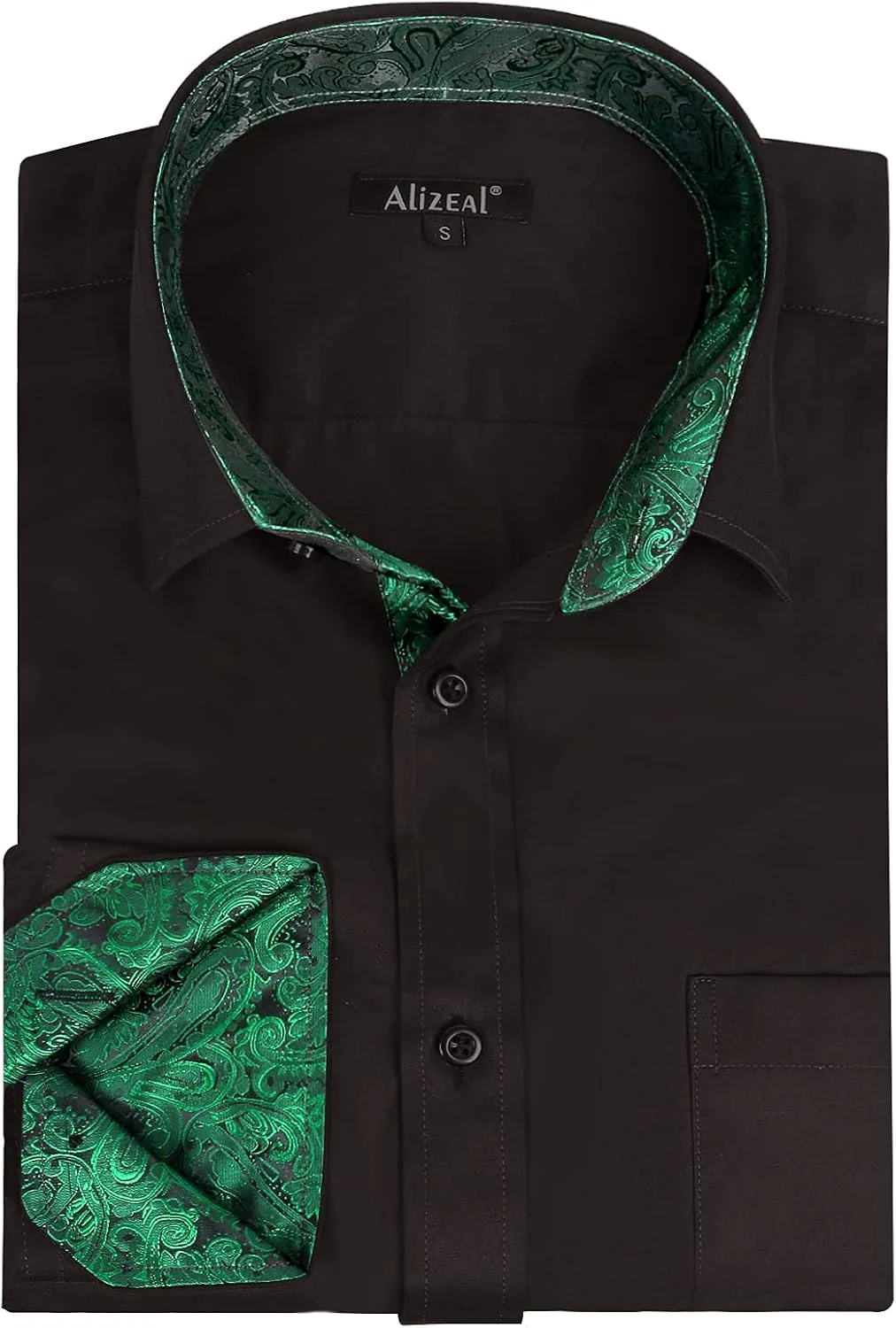 پیراهن مردانه Alizeal، مناسب برای کار، مدل Slim Fit، آستین بلند، طرح تکه دوزی، دکمه دار، مشکی + سبز تیره، L