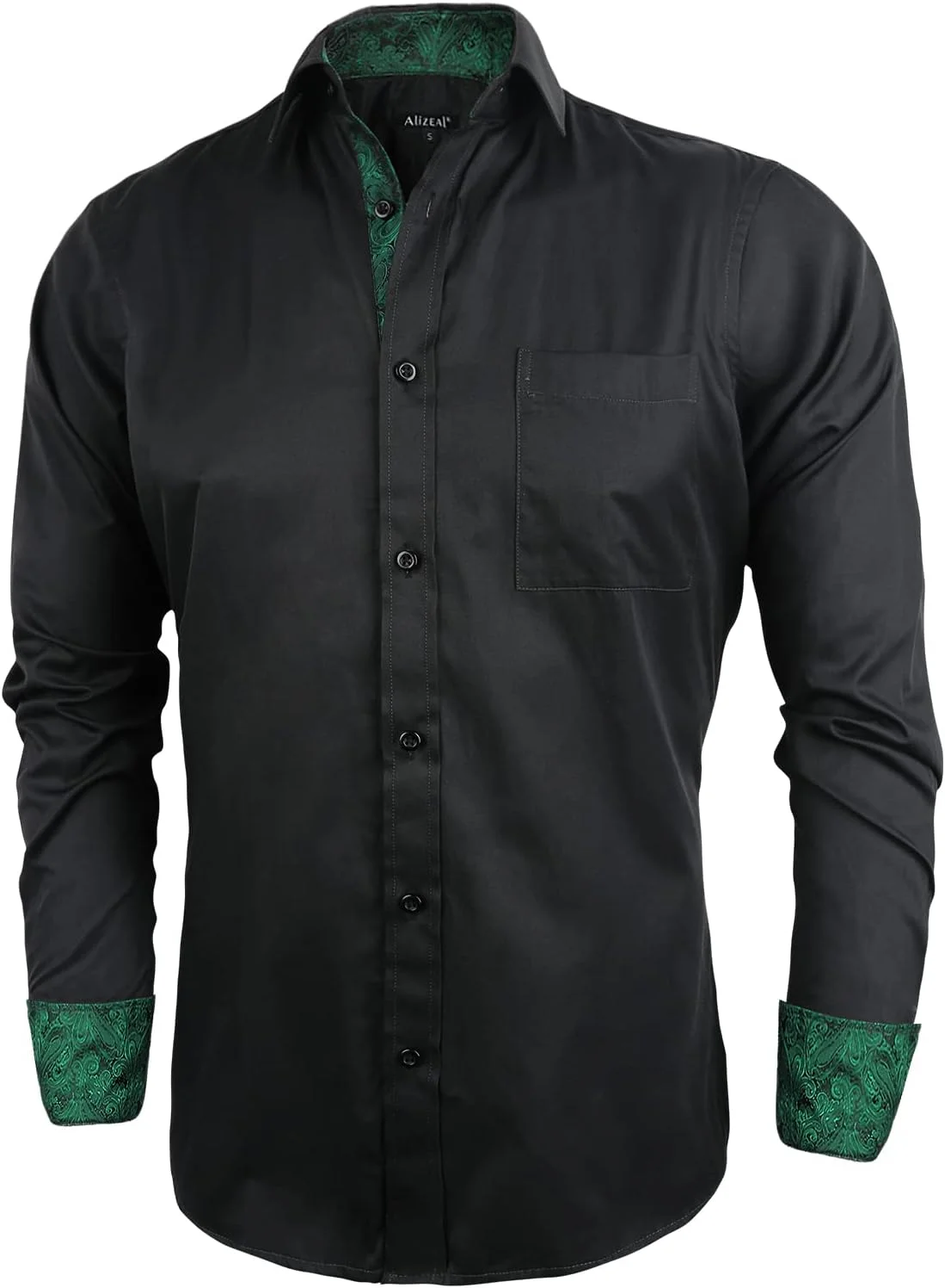 پیراهن مردانه Alizeal، مناسب برای کار، مدل Slim Fit، آستین بلند، طرح تکه دوزی، دکمه دار، مشکی + سبز تیره، L