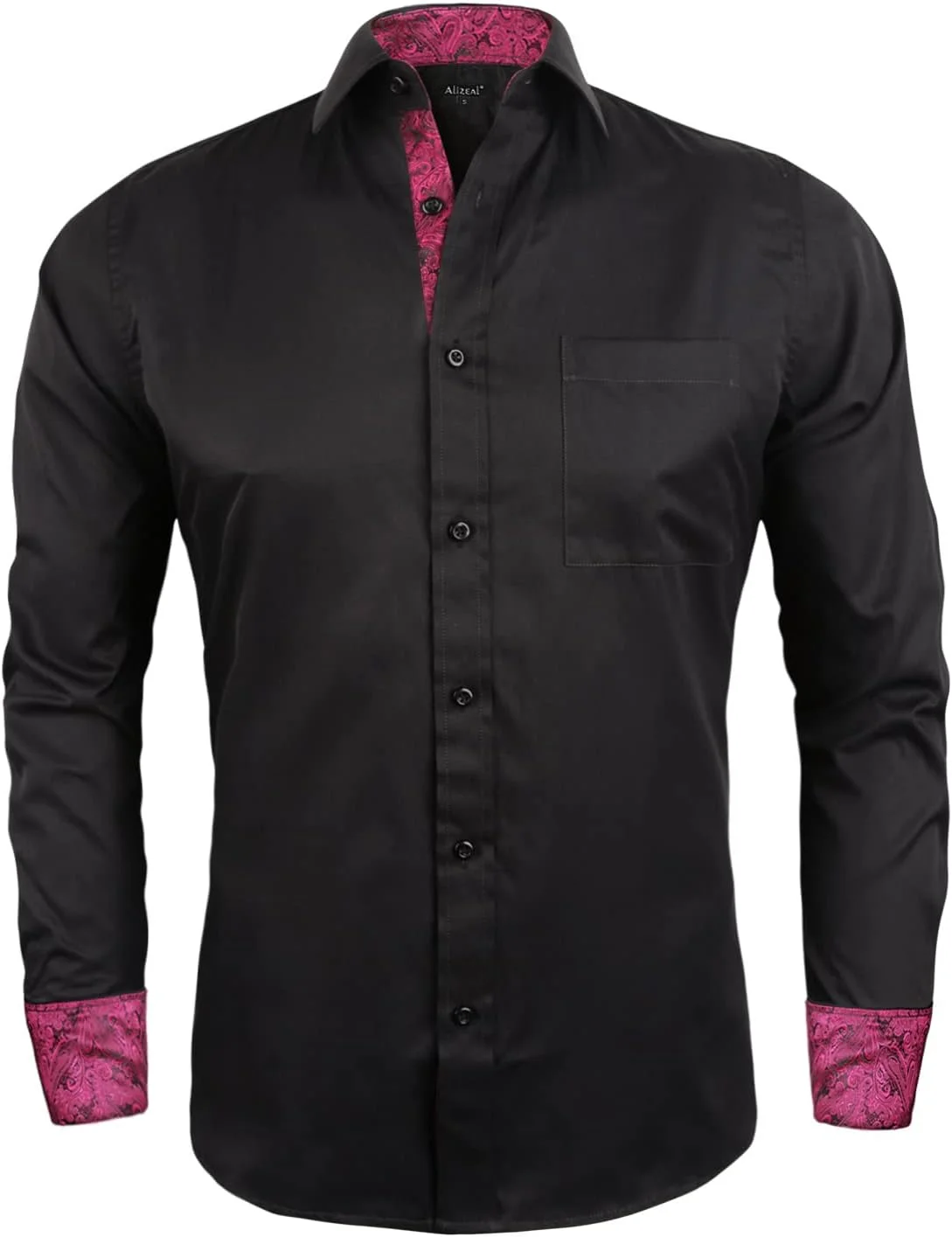 پیراهن مردانه Alizeal، مناسب برای کار، مدل Slim Fit، آستین بلند، طرح تکه دوزی، دکمه دار، مشکی + صورتی جیغ، سایز S