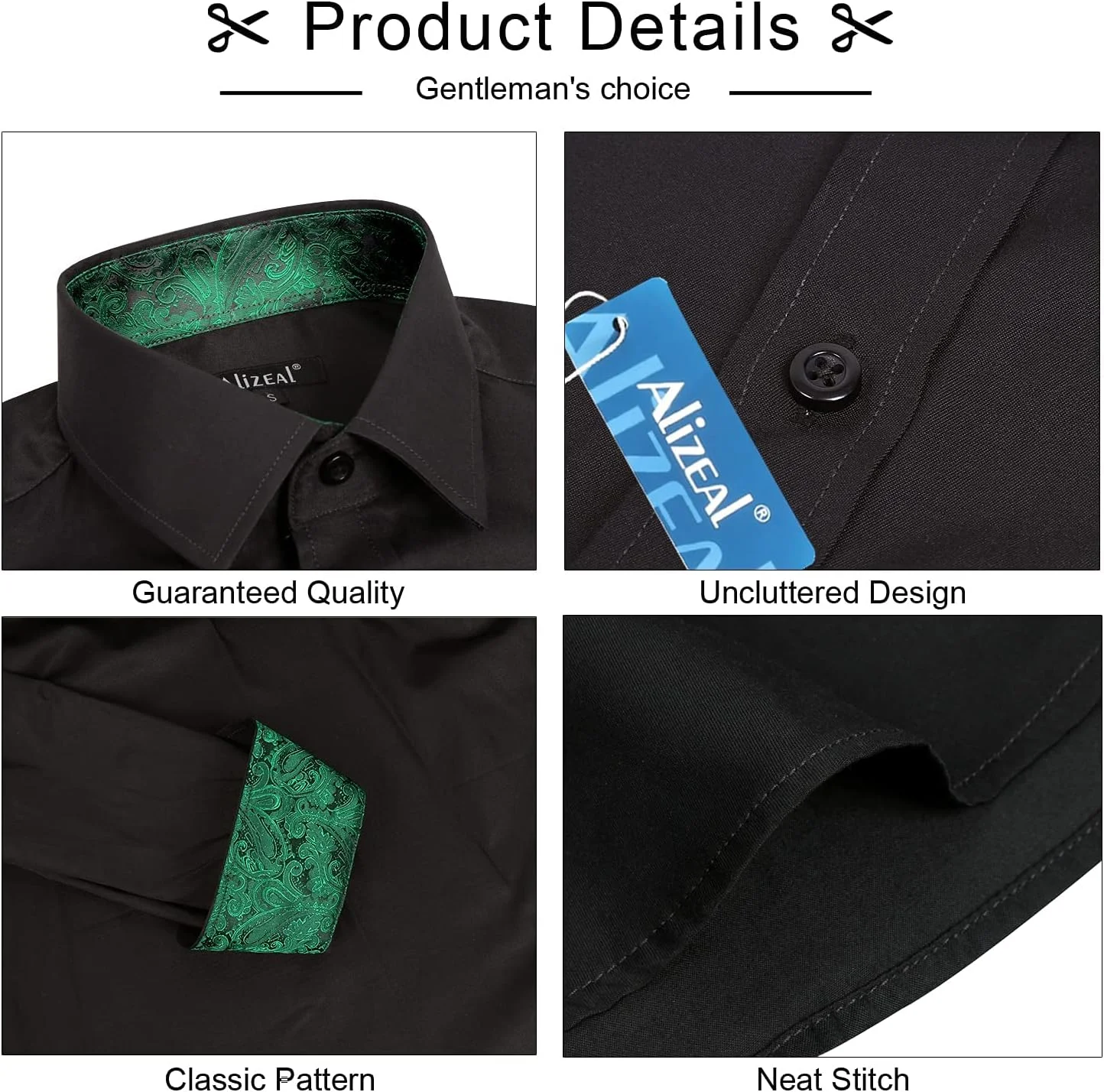 پیراهن مردانه Alizeal، مناسب برای کار، مدل Slim Fit، آستین بلند، طرح تکه دوزی، دکمه دار، مشکی + سبز تیره، L