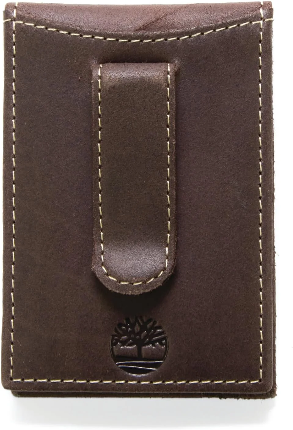 کیف پول مردانه Timberland چرم اصل قهوه ای باریک مینیمالیستی با گیره پول و جای کارت شناسایی