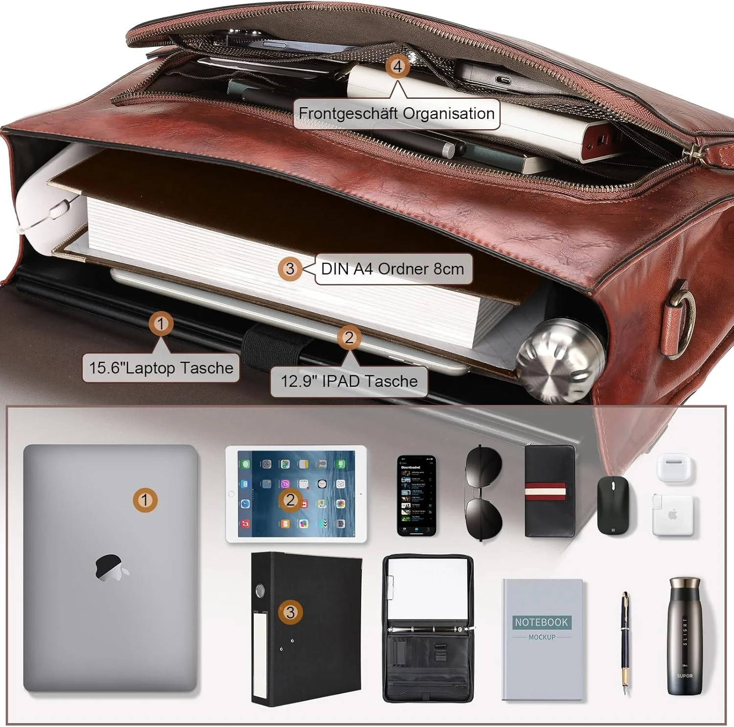 کیف اداری چرمی مردانه ESTARER، کیف بزرگ لپ تاپ 15.6 اینچی، کیف کار برای کار، دانشگاه، مسافرت، اداره