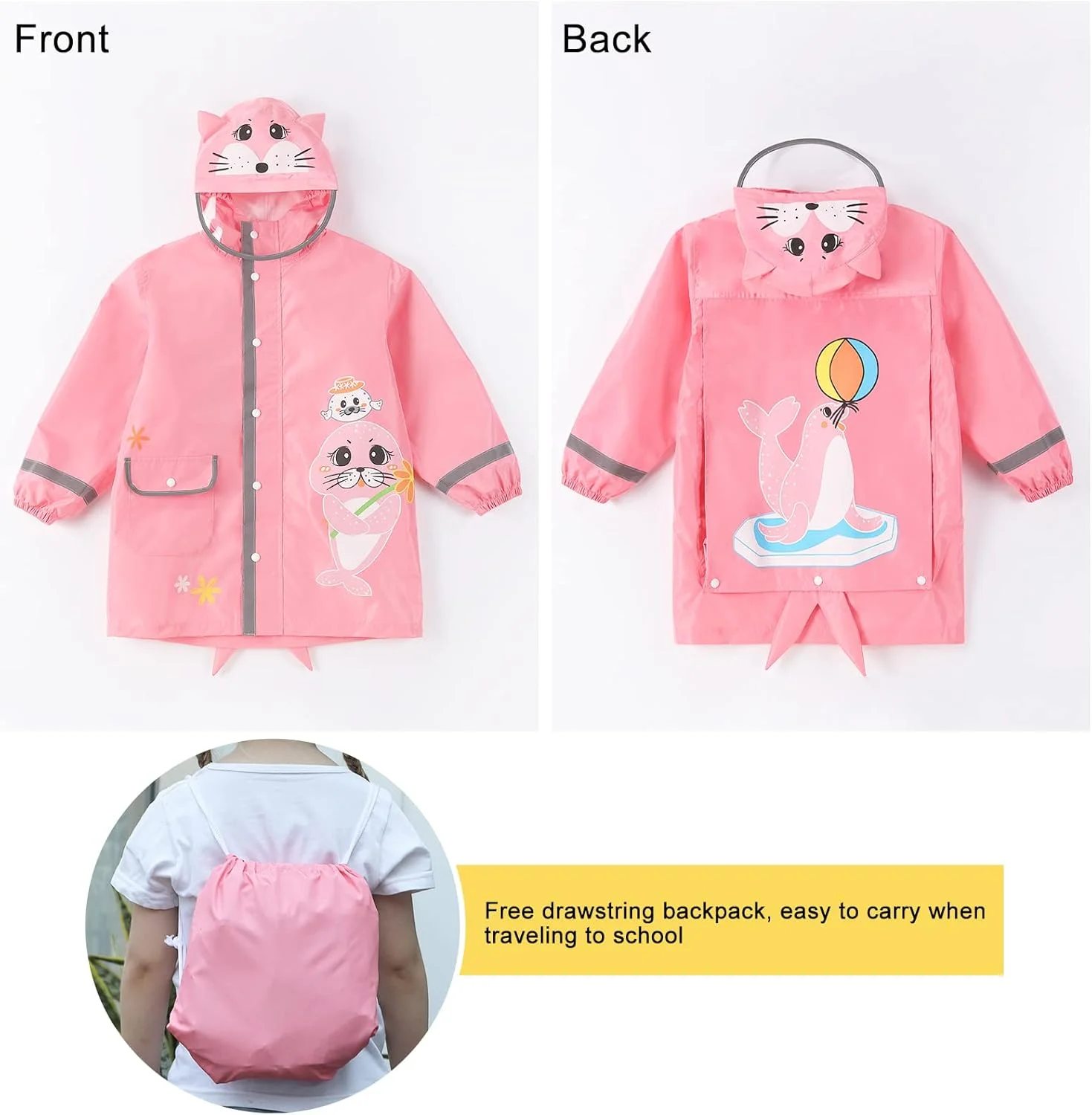 بارانی بچگانه Hovkib - پانچو بارانی ضد آب دخترانه پسرانه لباس بارانی با پوشش کیف مدرسه کت بارانی قابل حمل 2-10 سال