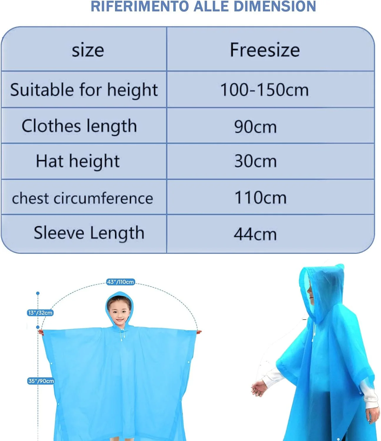 پانچو بارانی بچگانه ضد آب برای کودکان سایز 110-160 سانتی متر، شنل بارانی سبک وزن، روکش باران، بارانی PEVA با کلاه، برای دختران پسران پیاده روی کمپینگ