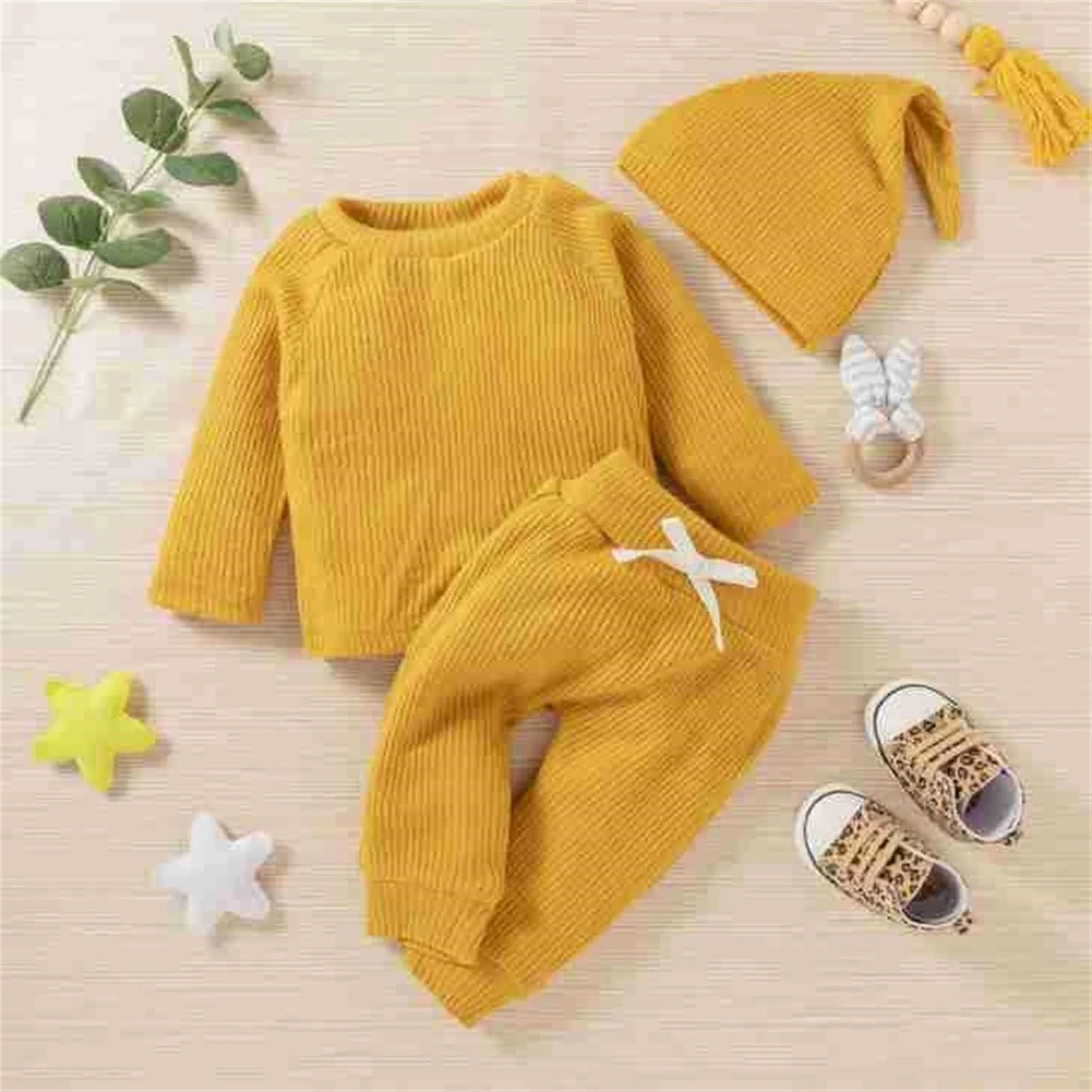 ست سه تکه بافتنی آستین بلند پاییز و زمستان نوزادی CsgrFagr با رنگ ثابت و بارانی کودک نوپا