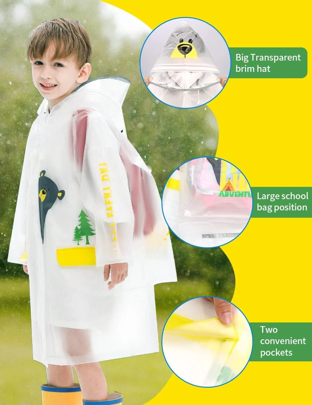 پانچو بارانی بچگانه، بارانی کودکان، بارانی دخترانه پسرانه قابل استفاده مجدد، ژاکت ضد آب کلاه دار لباس بارانی کودک (خرس M)