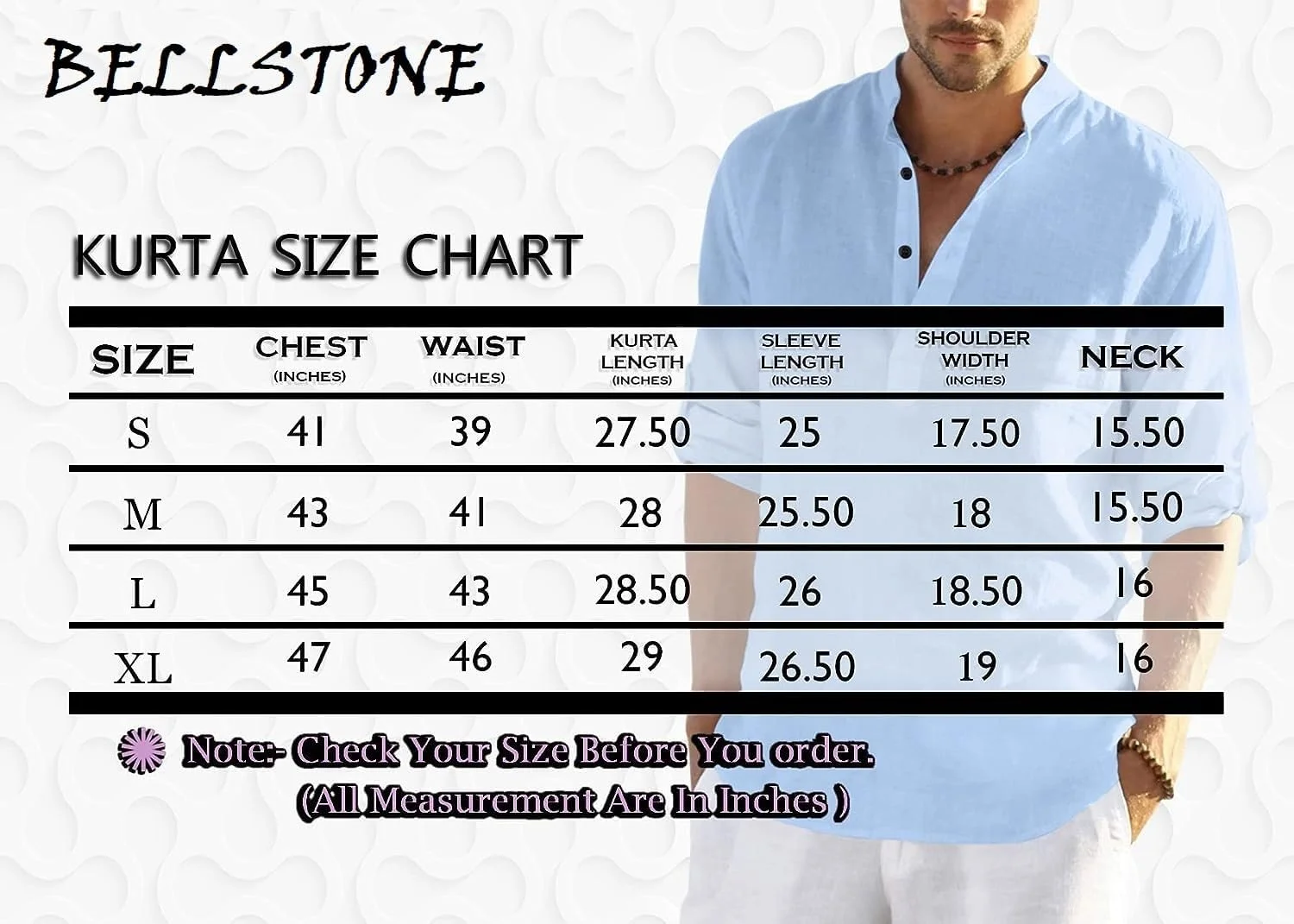 پیراهن کورتا آستین بلند مردانه Bellstone با یقه ماندارین، آبی آسمانی، SKY BLUE، XL