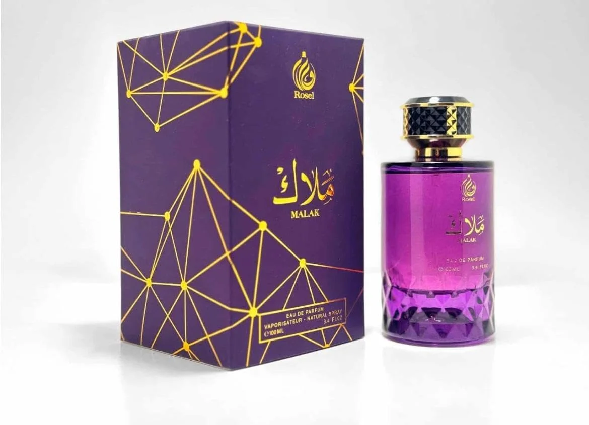 ادو پرفیوم رُزل ملک، 100 میلی لیتر، بطری شیشه ای بنفش با تزیینات طلایی