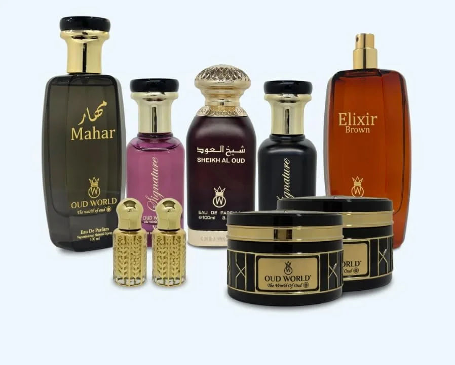 مجموعه عطر لوکس عود ورلد - ست هدیه ادو پرفیوم - شامل عطر های مهار، شیخ العود، اکسیر براون، سیگنیچر، کرم عود و روغن های عطر - 100 میلی لیتر هر کدام - عطر عربی ممتاز برای مردان و زنان