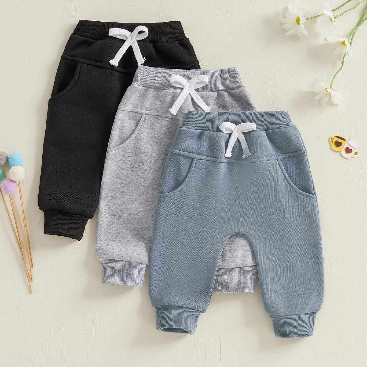 ست 3 عددی شلوار گرمکن نوزادی پسرانه با کمر کشی، رنگ ثابت، مناسب فصل زمستان، شلوار بلند گرم، لباس ورزشی غیر رسمی برای پسران کوچک