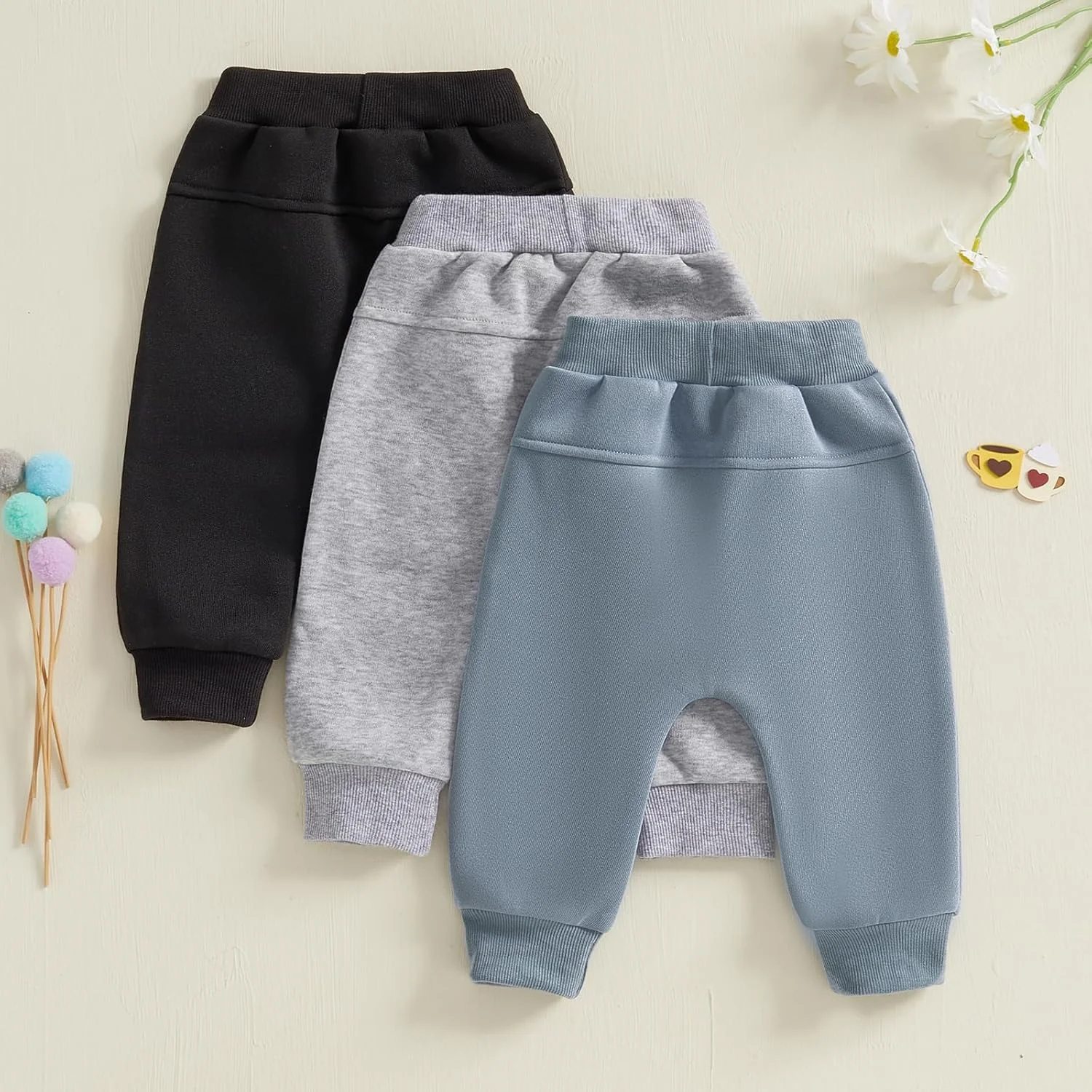 ست 3 عددی شلوار گرمکن نوزادی پسرانه با کمر کشی، رنگ ثابت، مناسب فصل زمستان، شلوار بلند گرم، لباس ورزشی غیر رسمی برای پسران کوچک